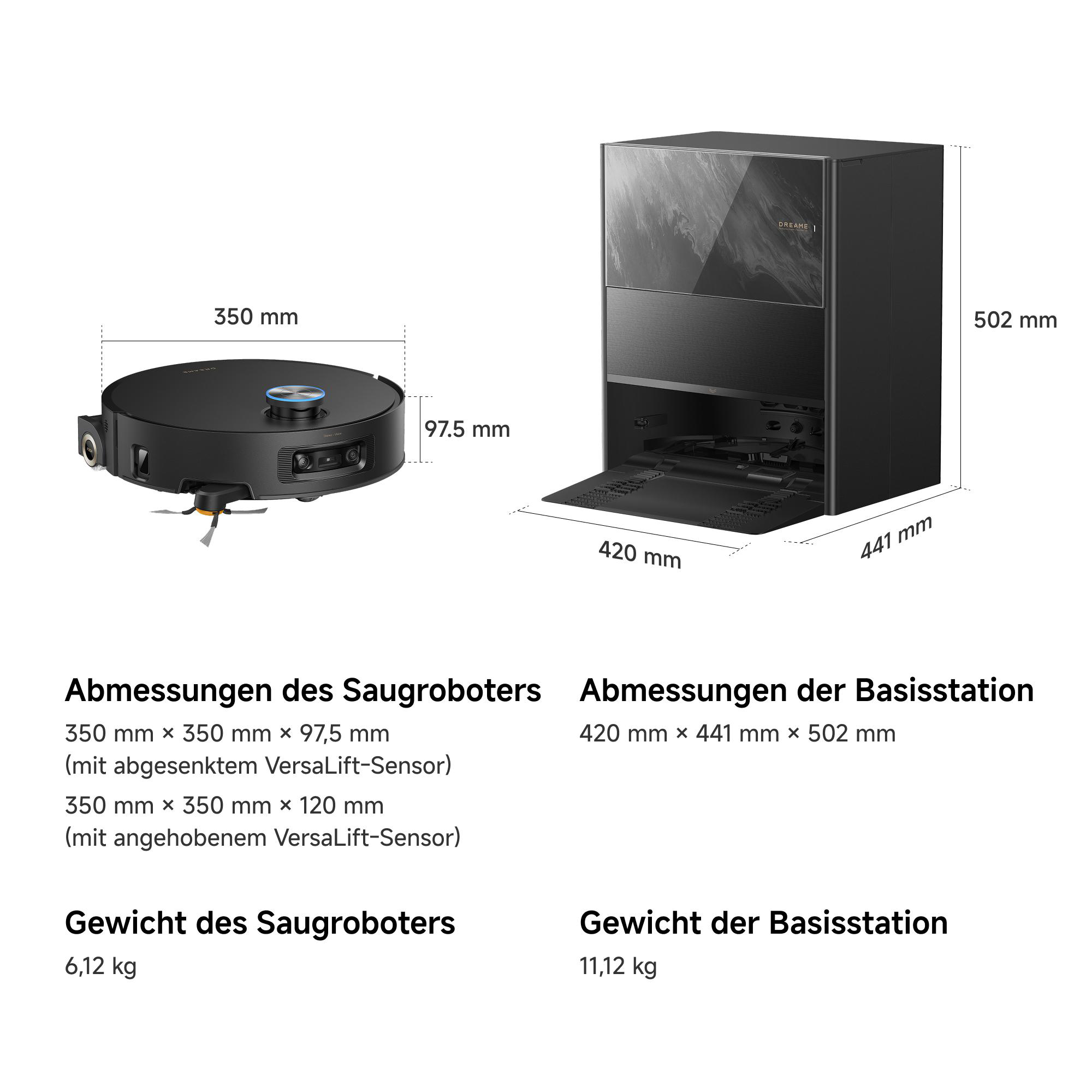 Diagramm mit Abmessungen und Gewicht eines Saugroboters und seiner Basisstation.