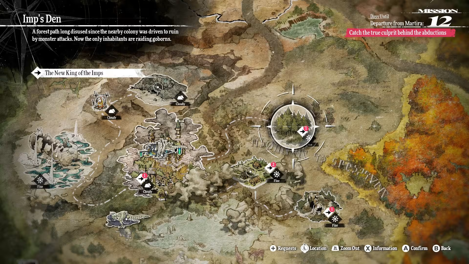 Interface de carte de monde fantastique montrant l'emplacement d'Imp's Den avec des objectifs.