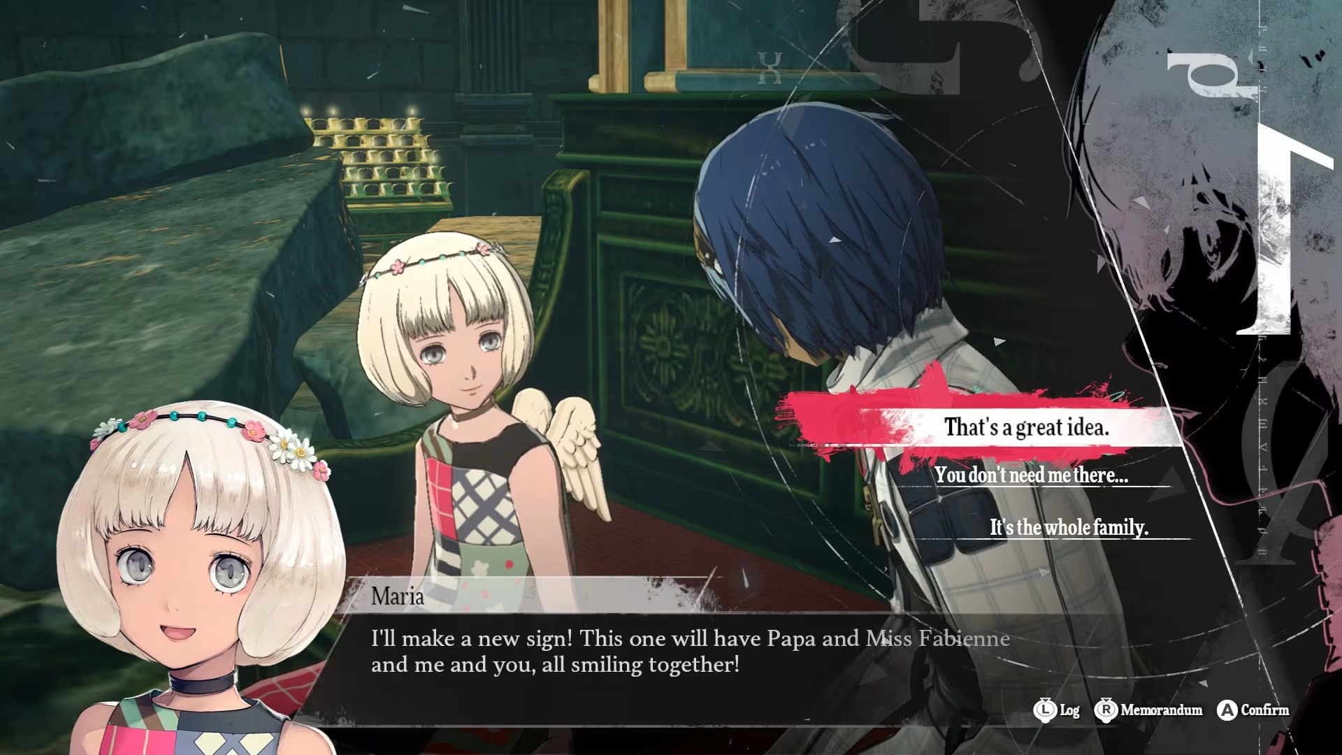 Une fille d'anime aux cheveux blonds et ailes parle à un garçon, avec du texte de dialogue en bas.