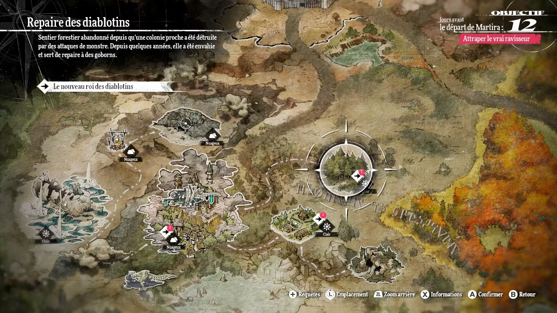 Une carte de jeu vidéo fantastique avec des lieux et du texte en français.