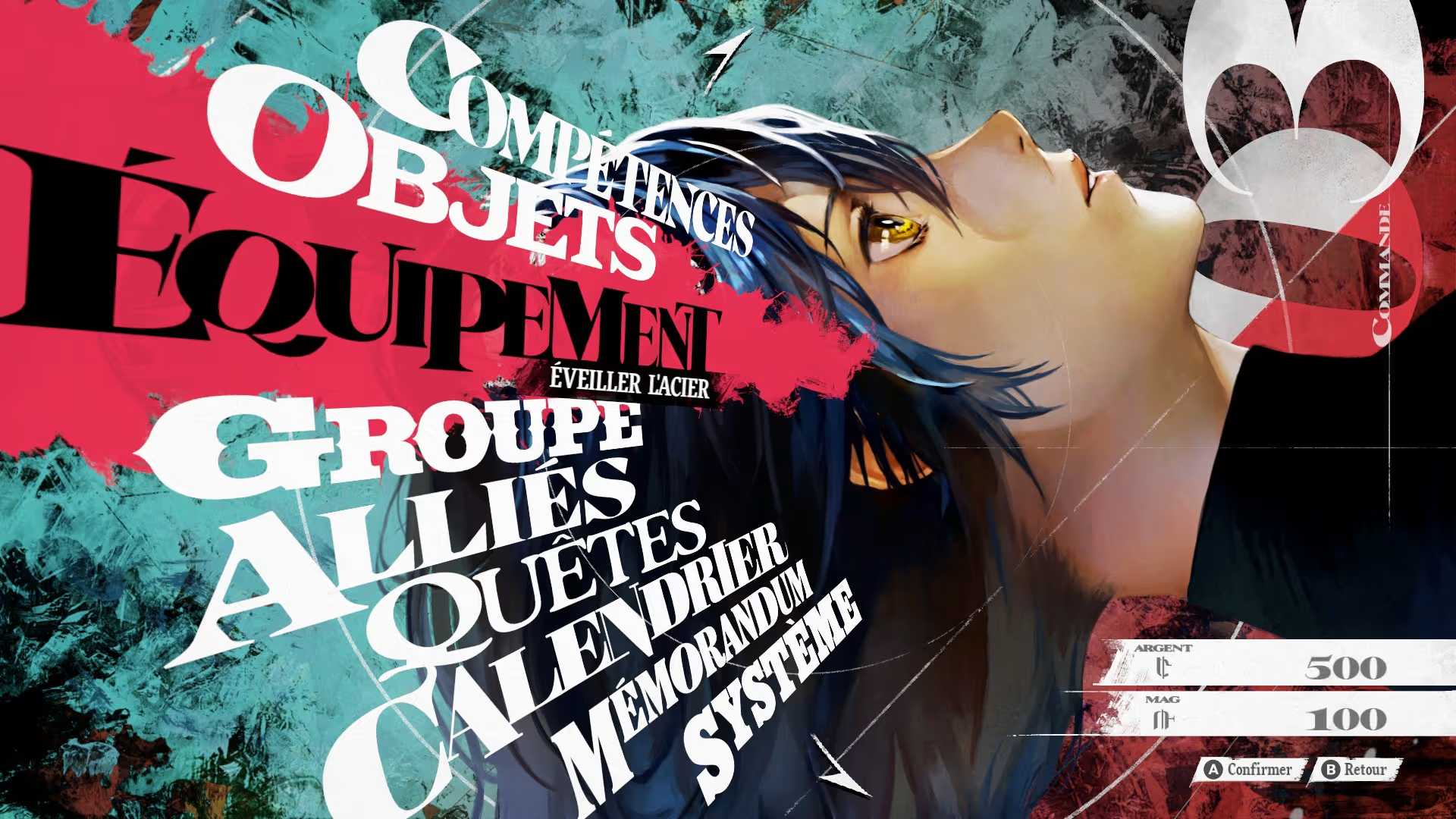 Menu de jeu avec un portrait aux cheveux bleus, yeux jaunes, grand texte français et accents rouges.