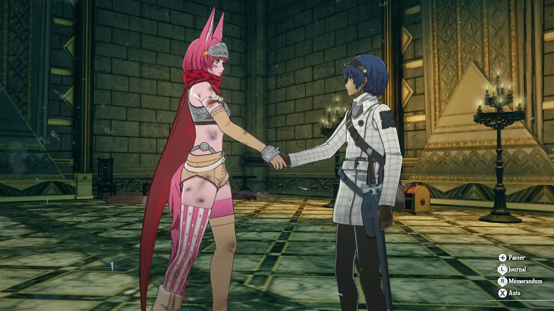 Deux personnages aux cheveux roses et bleus se font face dans une salle en pierre, se tenant la main.