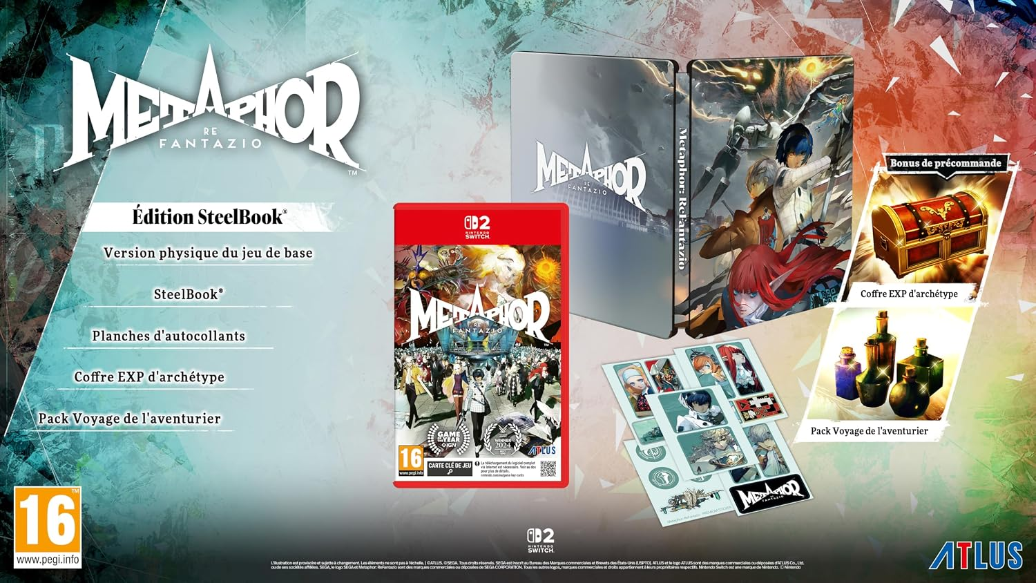 Édition SteelBook de Metaphor ReFantazio avec jeu, boîtier métallique, autocollants et bonus.