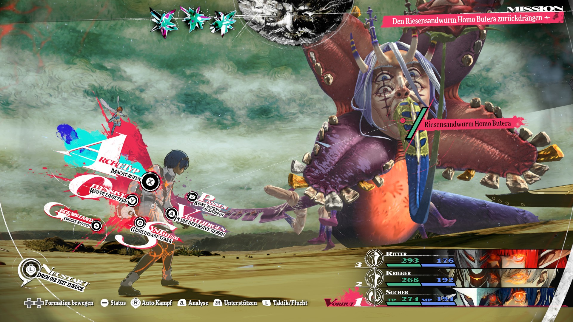 Un combattant anime fait face à un monstre géant et grotesque dans un désert avec des éléments d'interface.