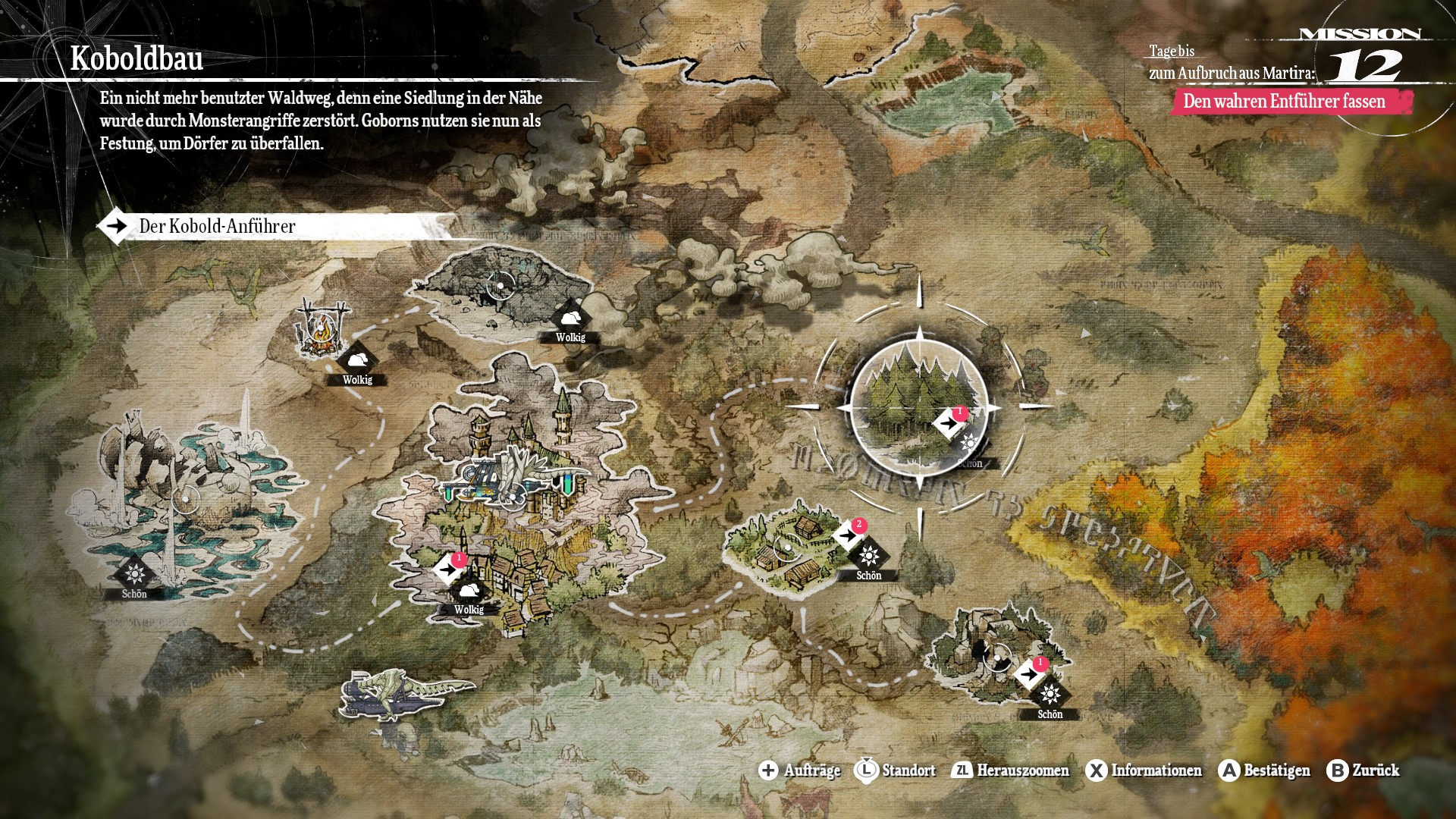 Une carte de jeu fantastique détaillée avec des marqueurs, des lieux et des détails de mission sur du parchemin.