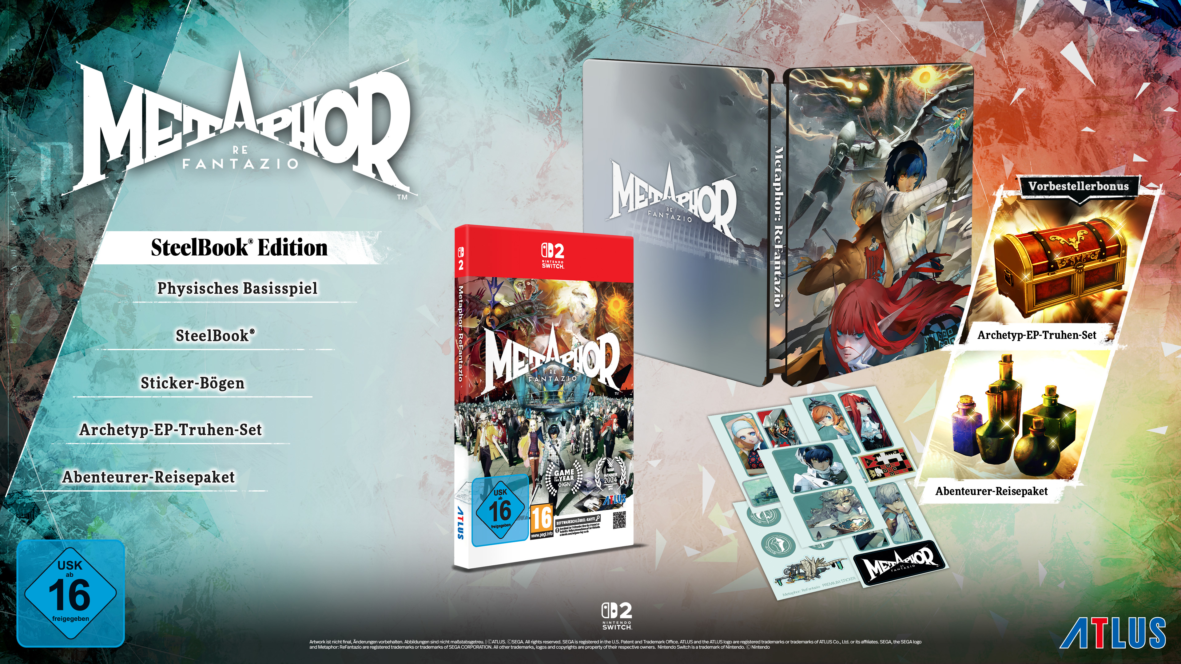 Édition SteelBook de Metaphor ReFantazio avec jeu, SteelBook, autocollants et bonus sur fond turquoise.