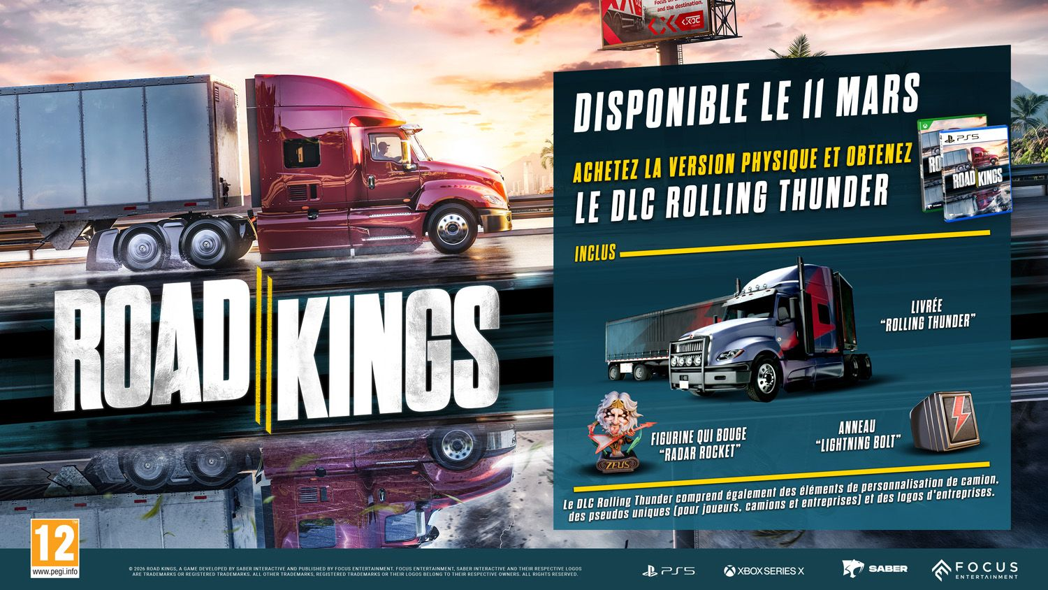 Pubblicità del gioco Road Kings con un camion rosso su strada bagnata al tramonto.