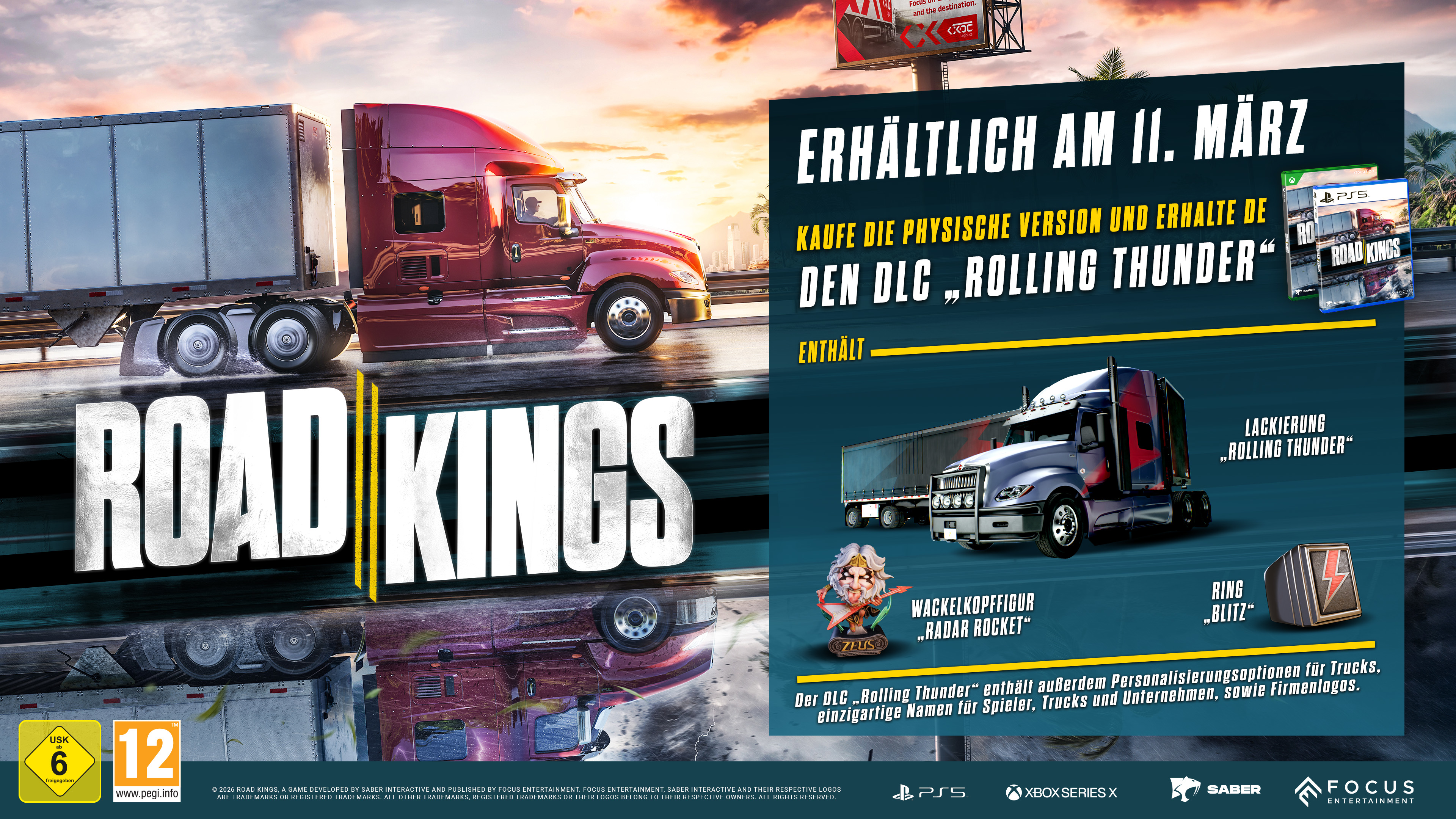 Image promotionnelle du jeu Road Kings avec un camion rouge, du texte et du contenu DLC.