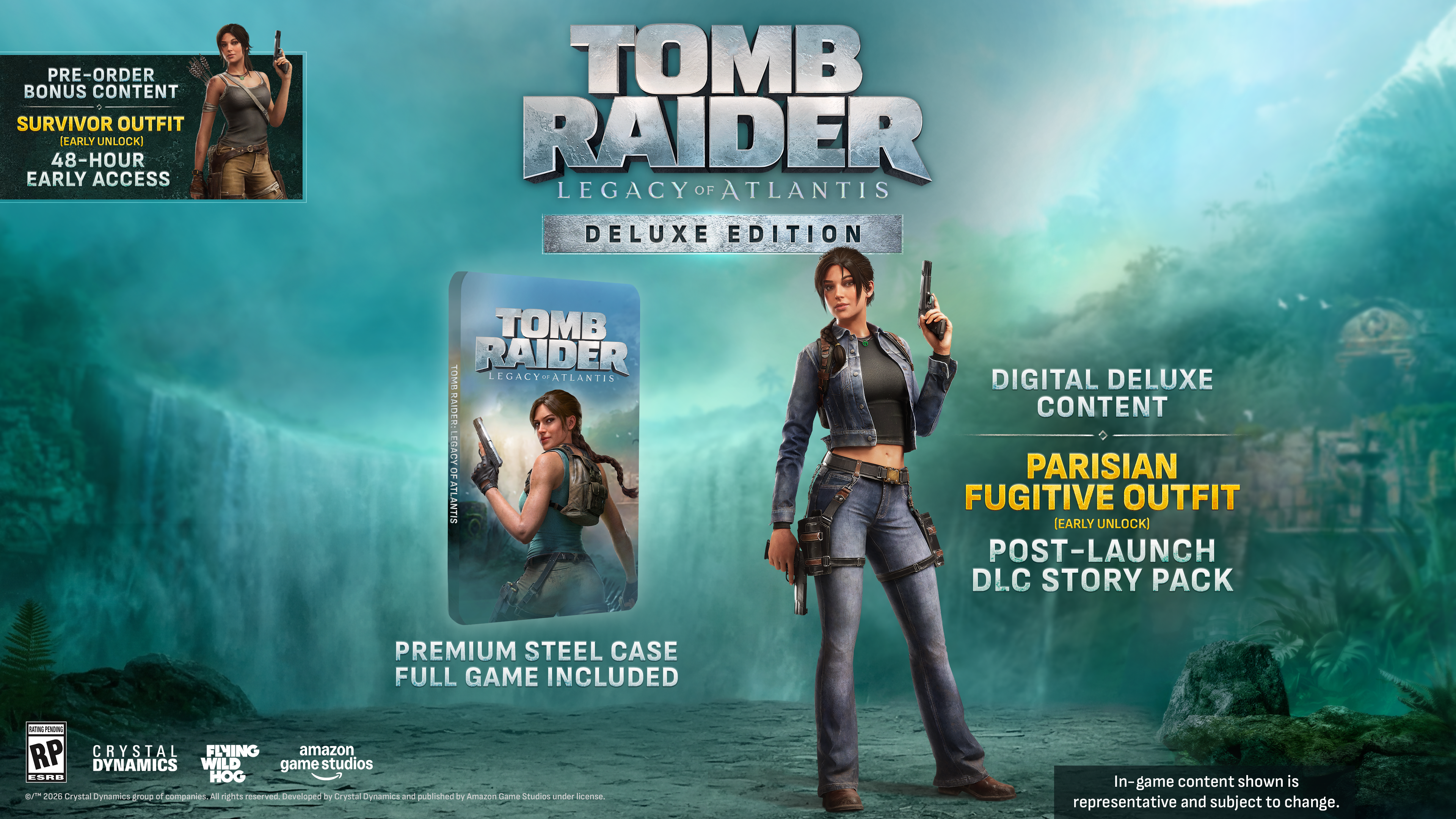 Affiche de Tomb Raider Édition Deluxe avec Lara Croft, un boîtier métallique et des contenus téléchargeables.