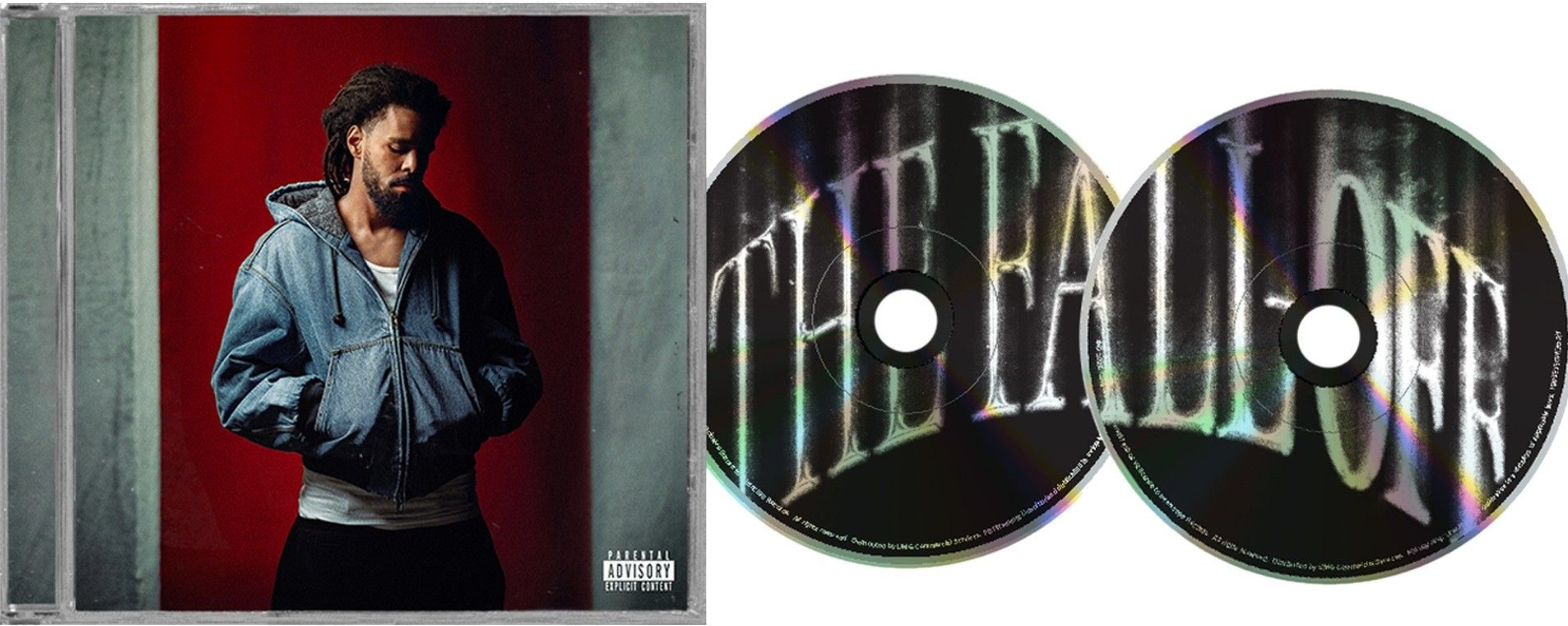 J. Cole im Jeansjacken-Cover neben zwei CDs mit der Aufschrift The Fall Off.