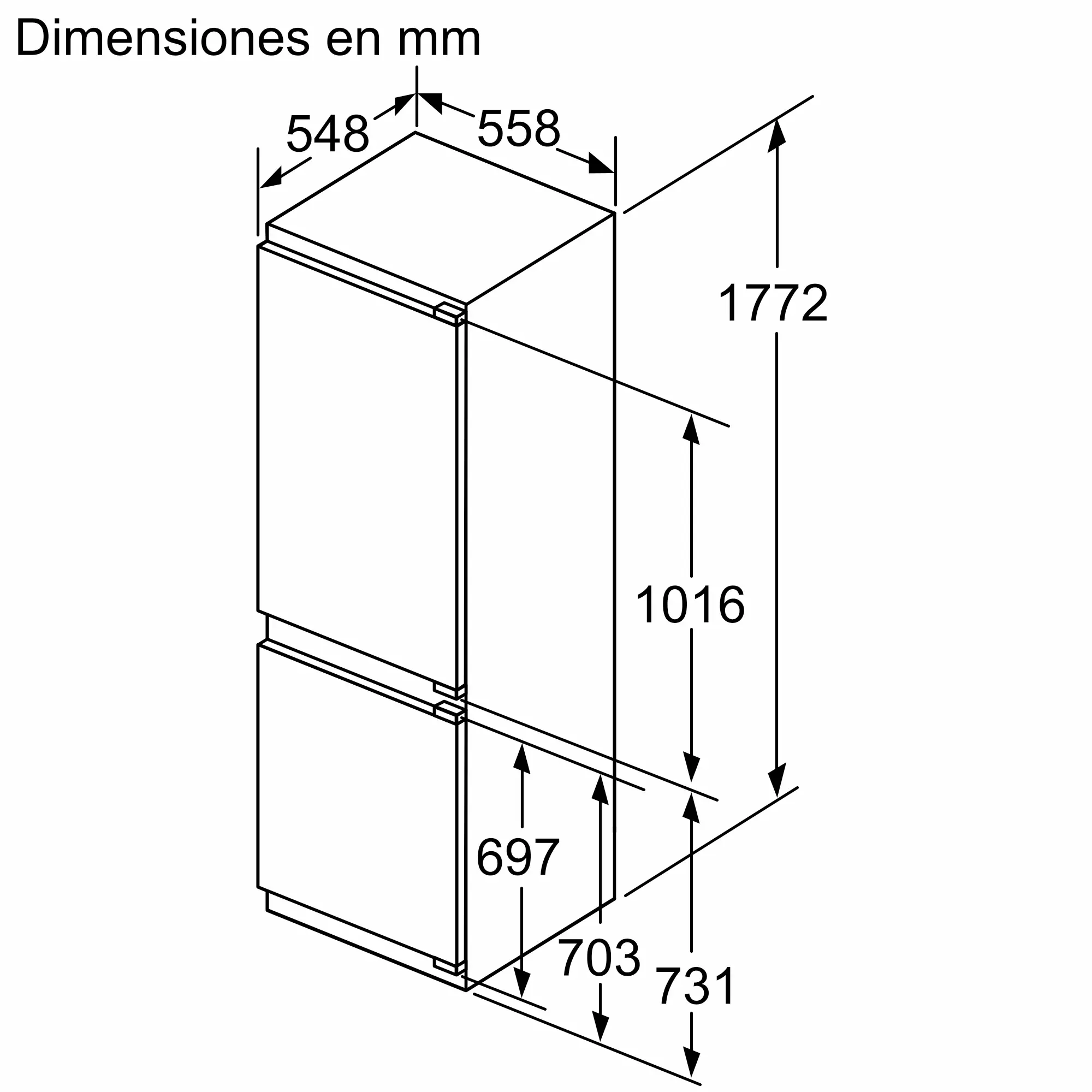 Dibujo técnico de un refrigerador con dimensiones 548x558x1772 mm en milímetros.