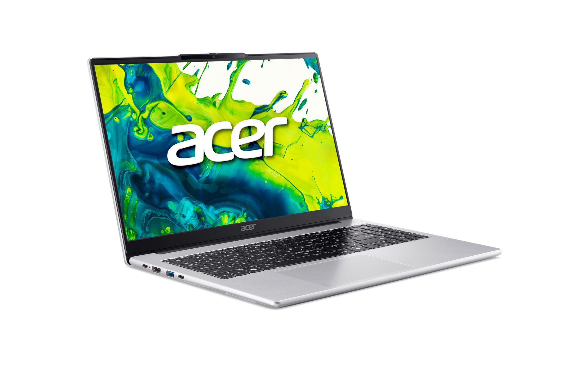 Ein silberner Acer-Laptop zeigt einen bunten grün-blauen Hintergrund und die Aufschrift Acer auf dem Bildschirm.