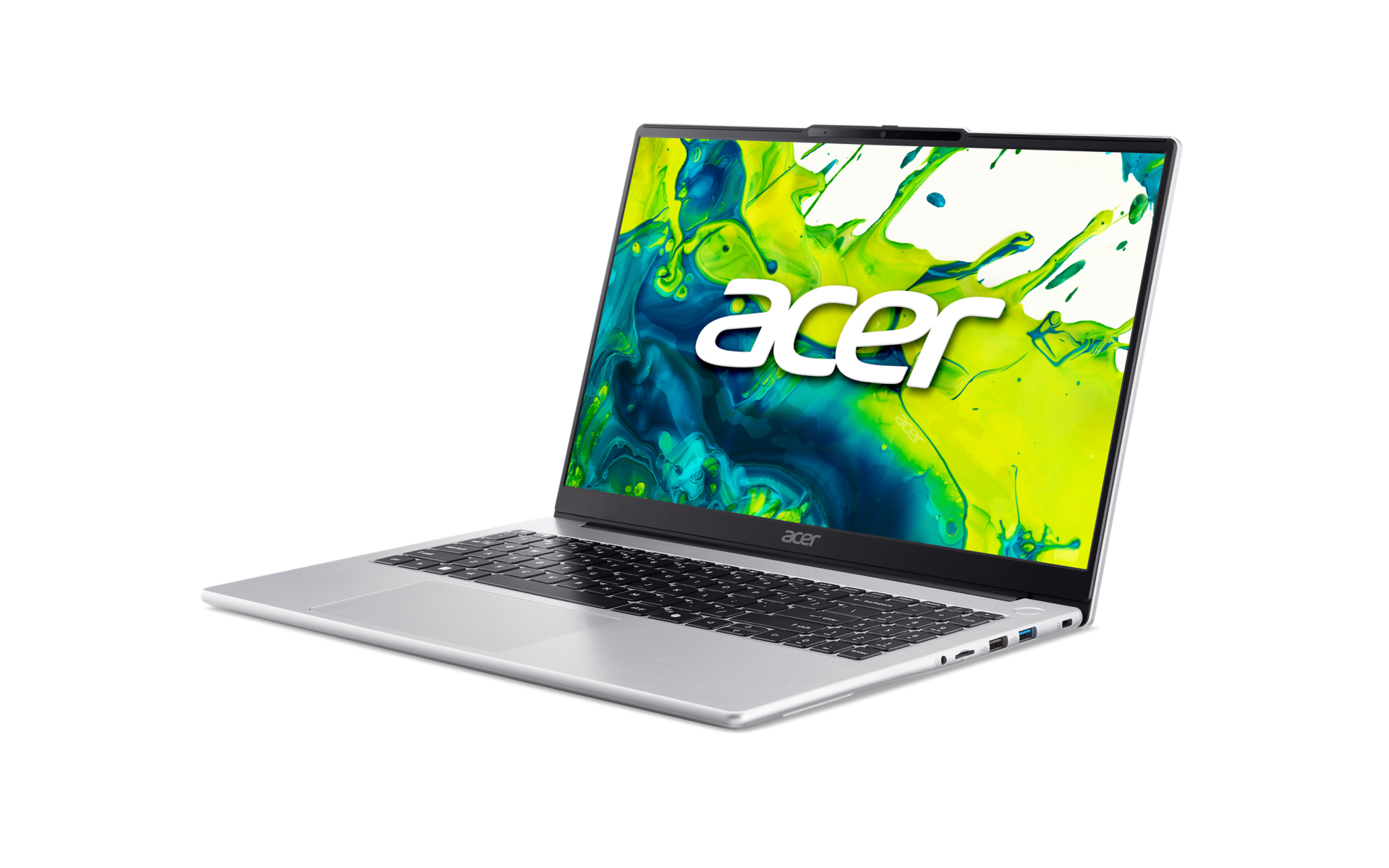 Ein silberner Acer-Laptop mit einem bunten grün-blauen abstrakten Hintergrund auf dem Bildschirm vor schwarzem Hintergrund.