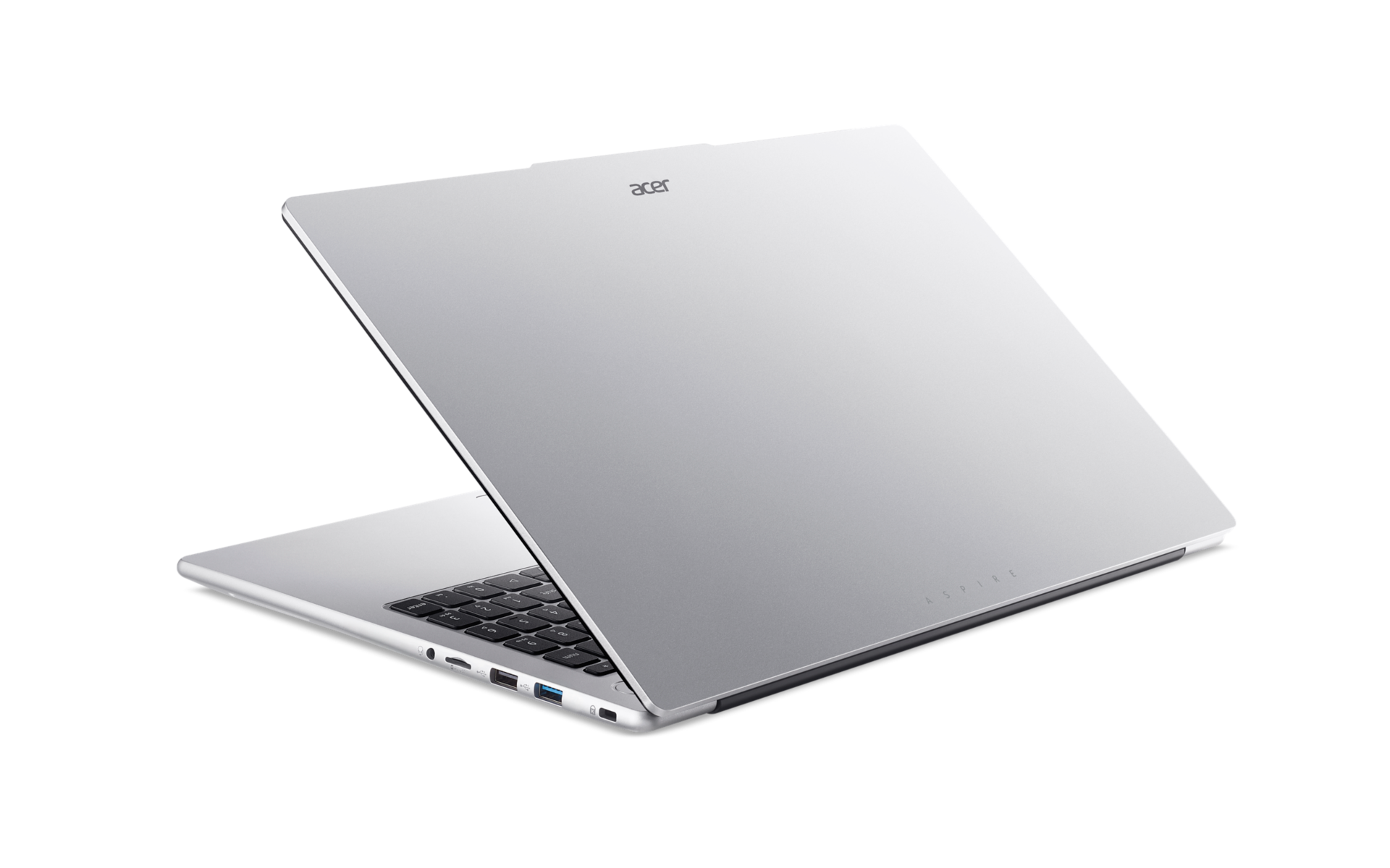 Ein silberner Acer Aspire Laptop steht auf einem schwarzen Hintergrund und zeigt das geschlossene Display und die Anschlüsse.