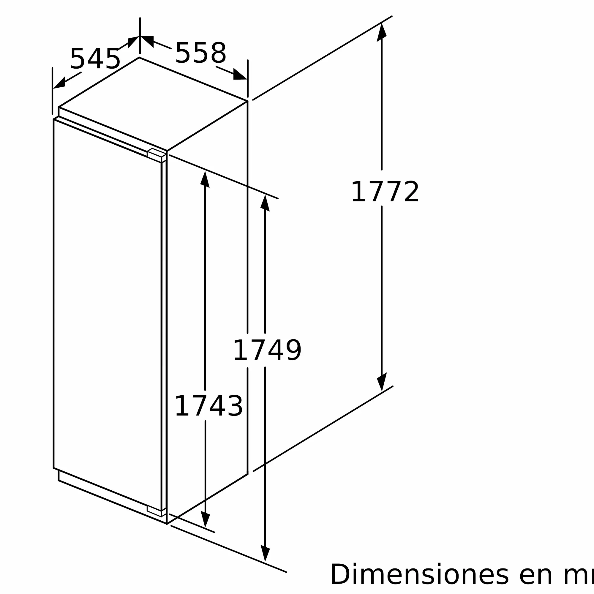 Dibujo técnico de un refrigerador con dimensiones 545x558x1772 mm en milímetros.