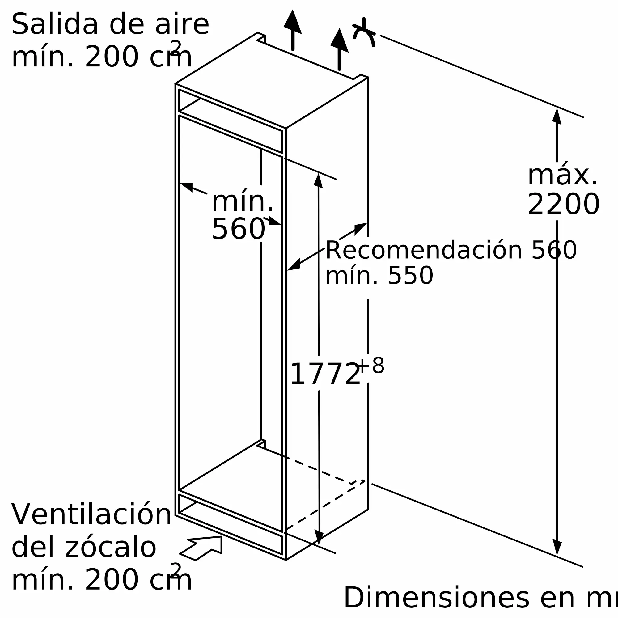Dibujo técnico de un armario empotrado con dimensiones de altura, anchura y ventilación.