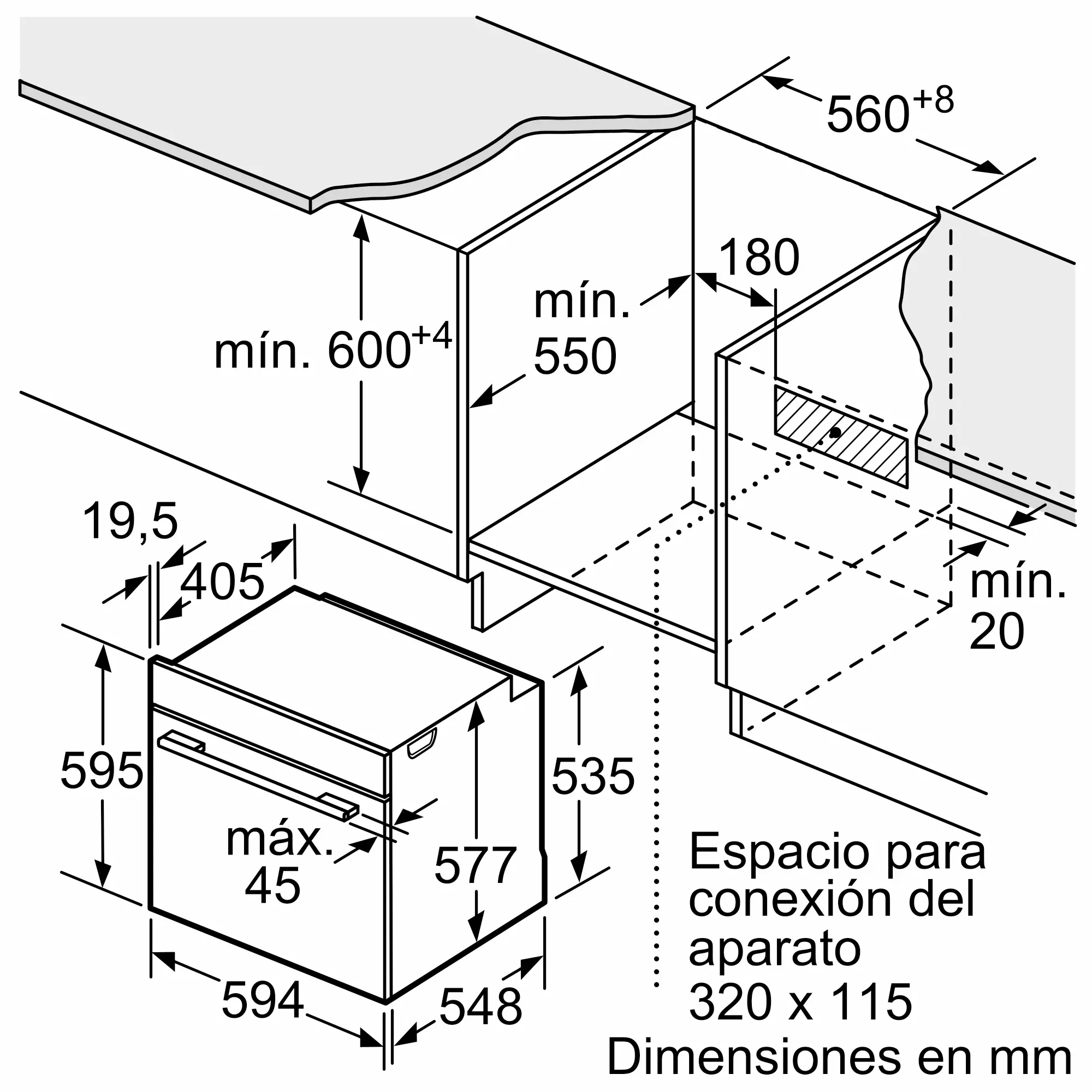 Dibujo técnico que muestra las dimensiones de instalación de un horno en milímetros.