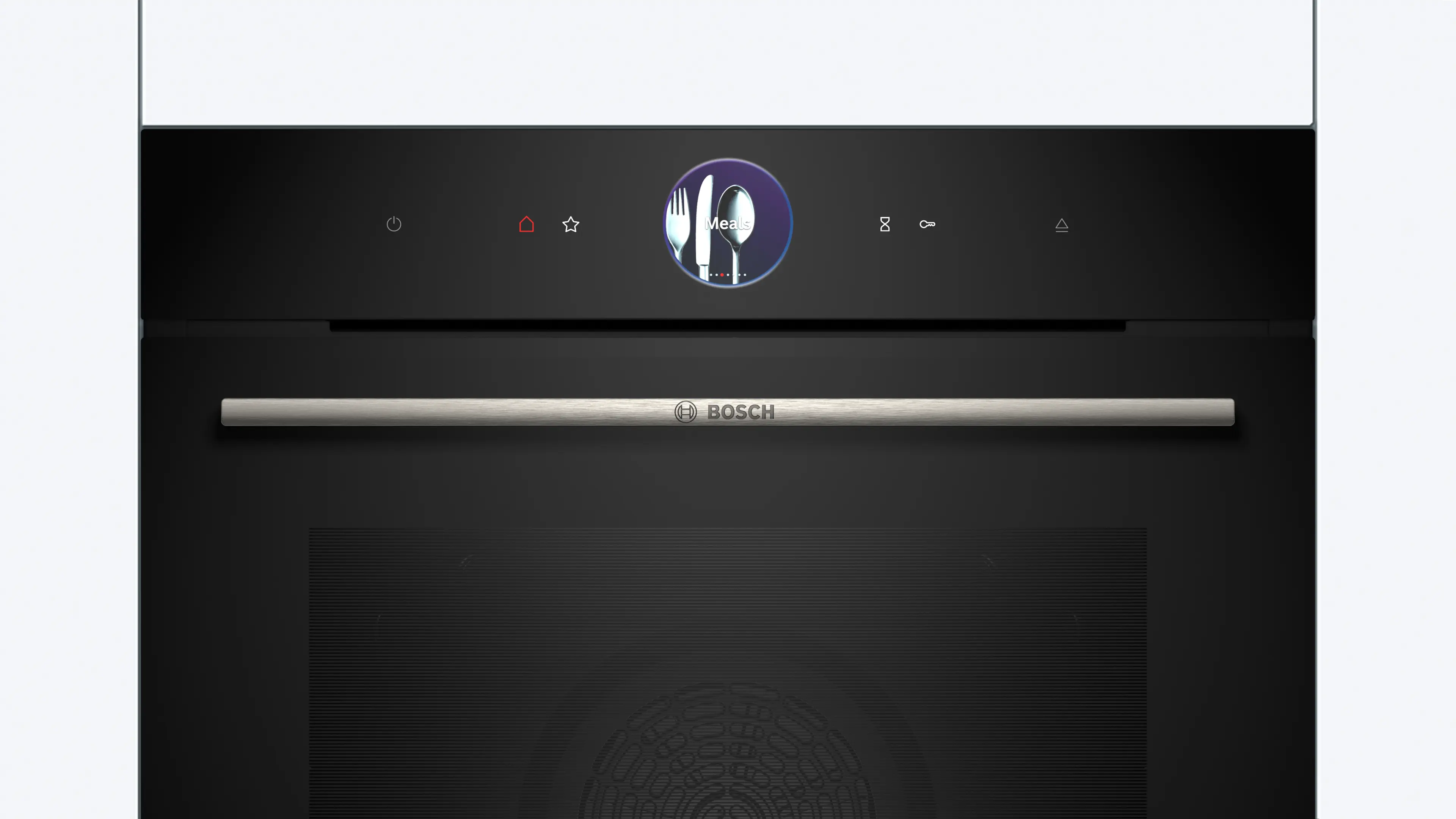 Un horno negro de Bosch con pantalla digital y tirador plateado.