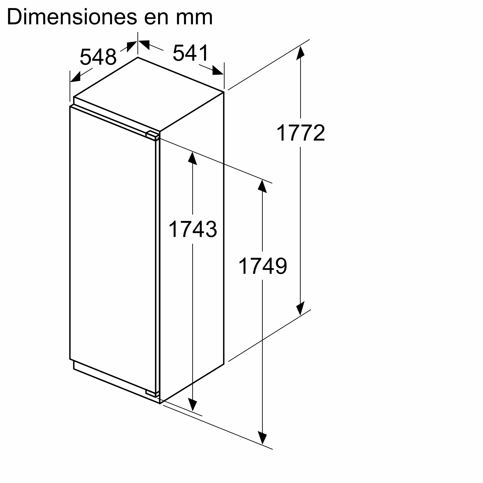Dibujo técnico de un refrigerador con dimensiones en milímetros.