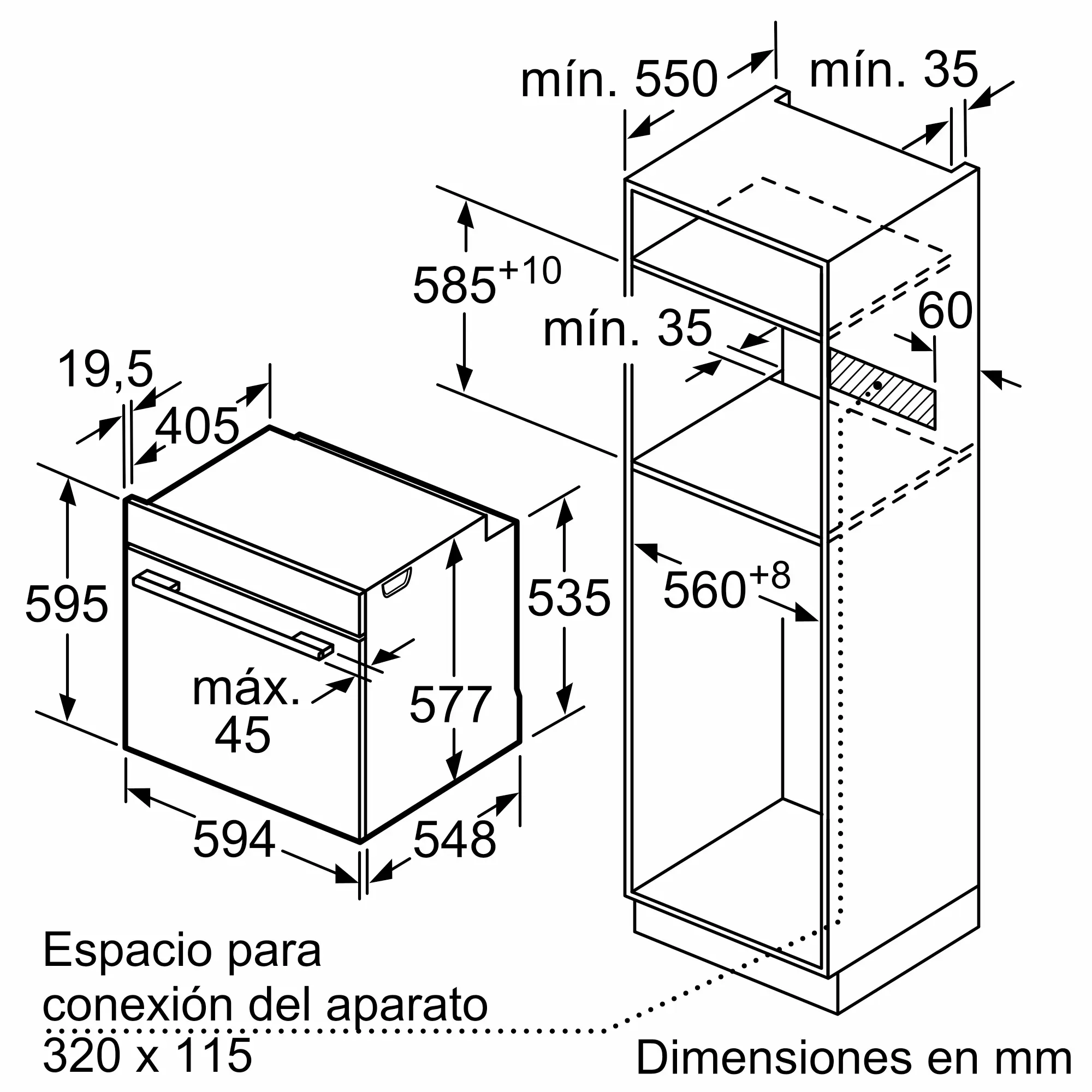 Dibujo técnico con dimensiones de instalación de un horno y su mueble en milímetros.