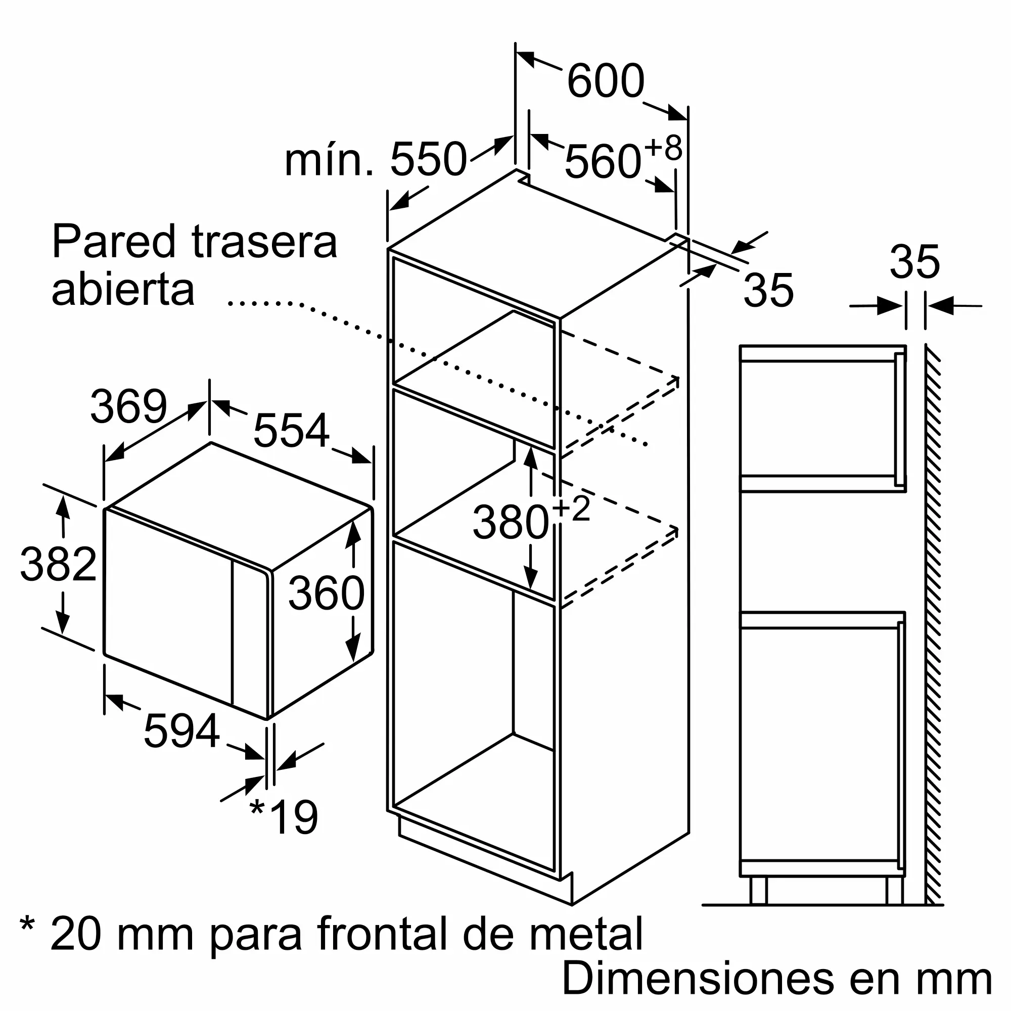 Dibujo técnico que muestra las dimensiones de instalación para un electrodoméstico empotrable en milímetros.