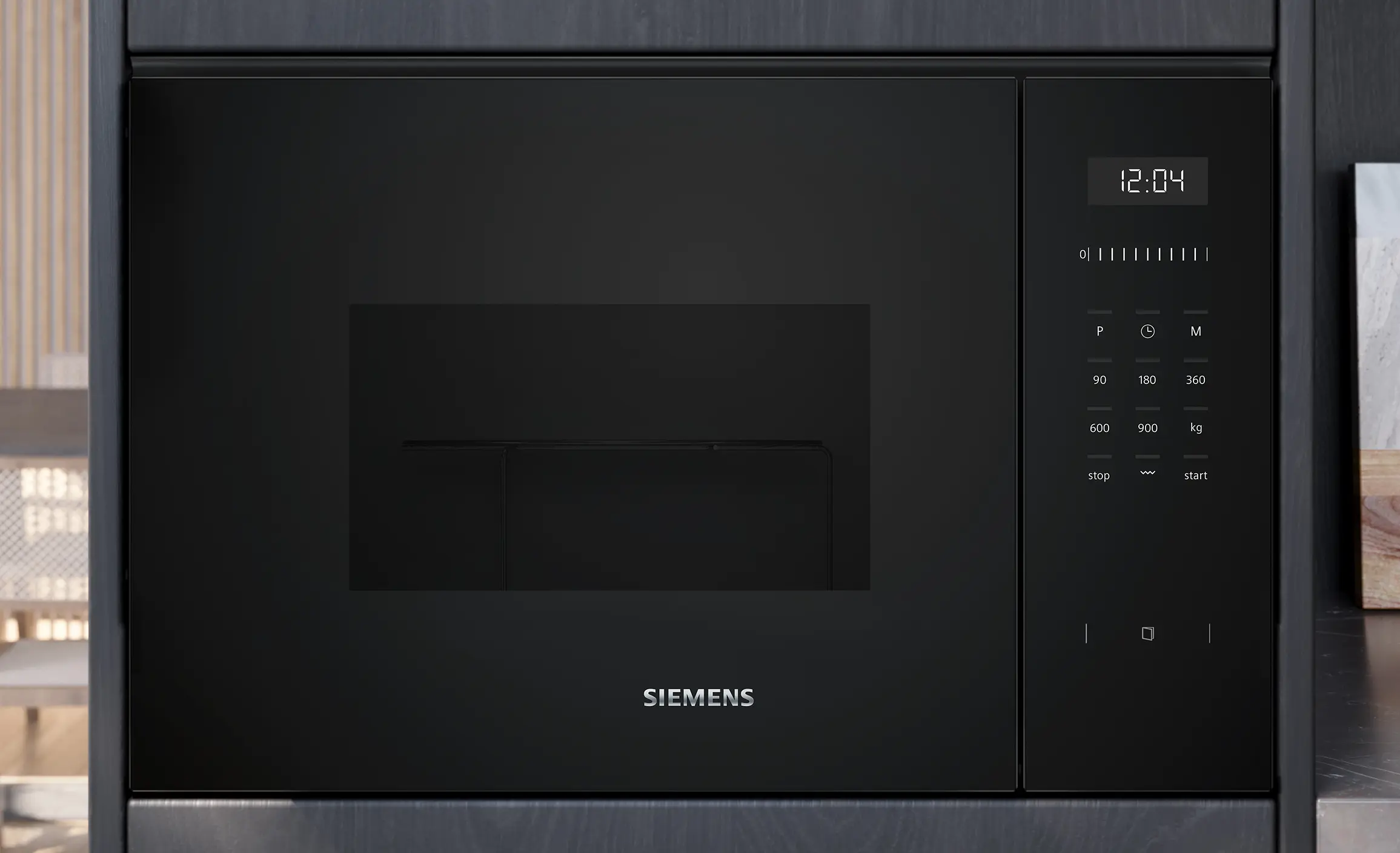 Un microondas empotrable Siemens negro con pantalla digital y controles táctiles.