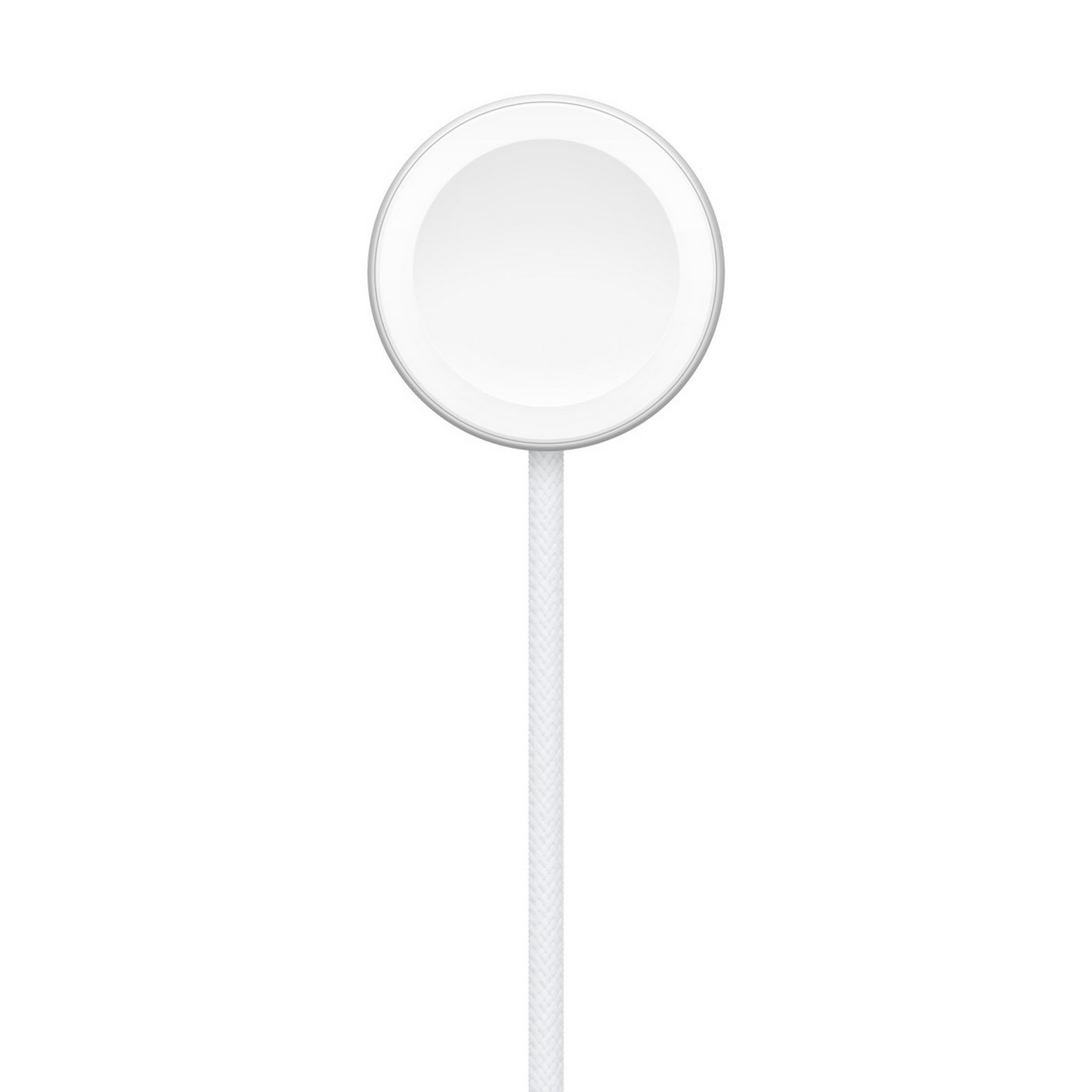Un cargador magnético blanco y redondo para Apple Watch con cable trenzado sobre fondo blanco.