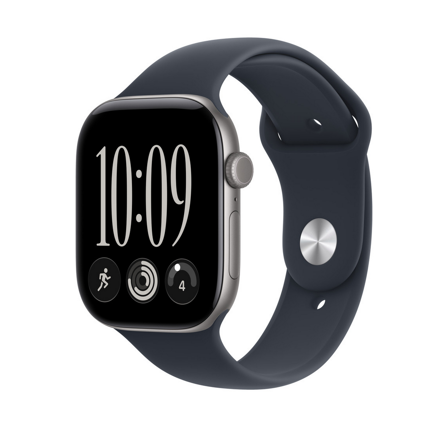 Un reloj inteligente negro con correa de silicona azul oscura y pantalla que muestra la hora 10:09.