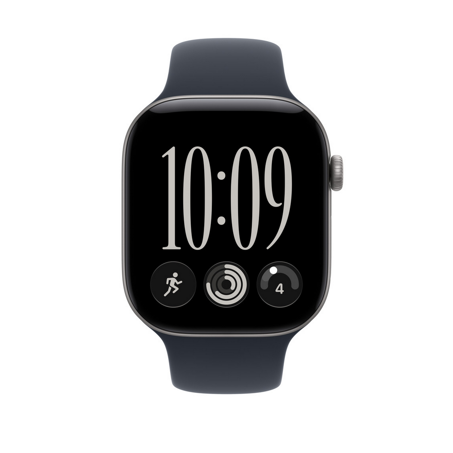 Un reloj inteligente negro con correa oscura muestra las 10:09 y tres iconos de actividad.