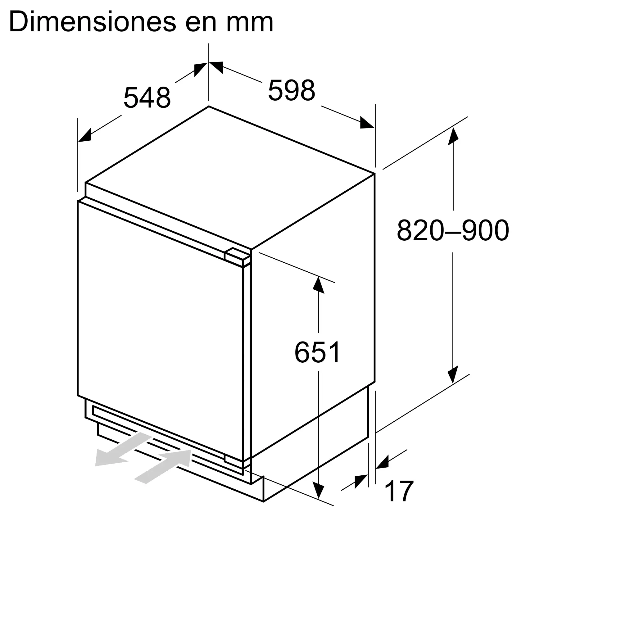 Dibujo técnico de un electrodoméstico bajo encimera con dimensiones en milímetros.