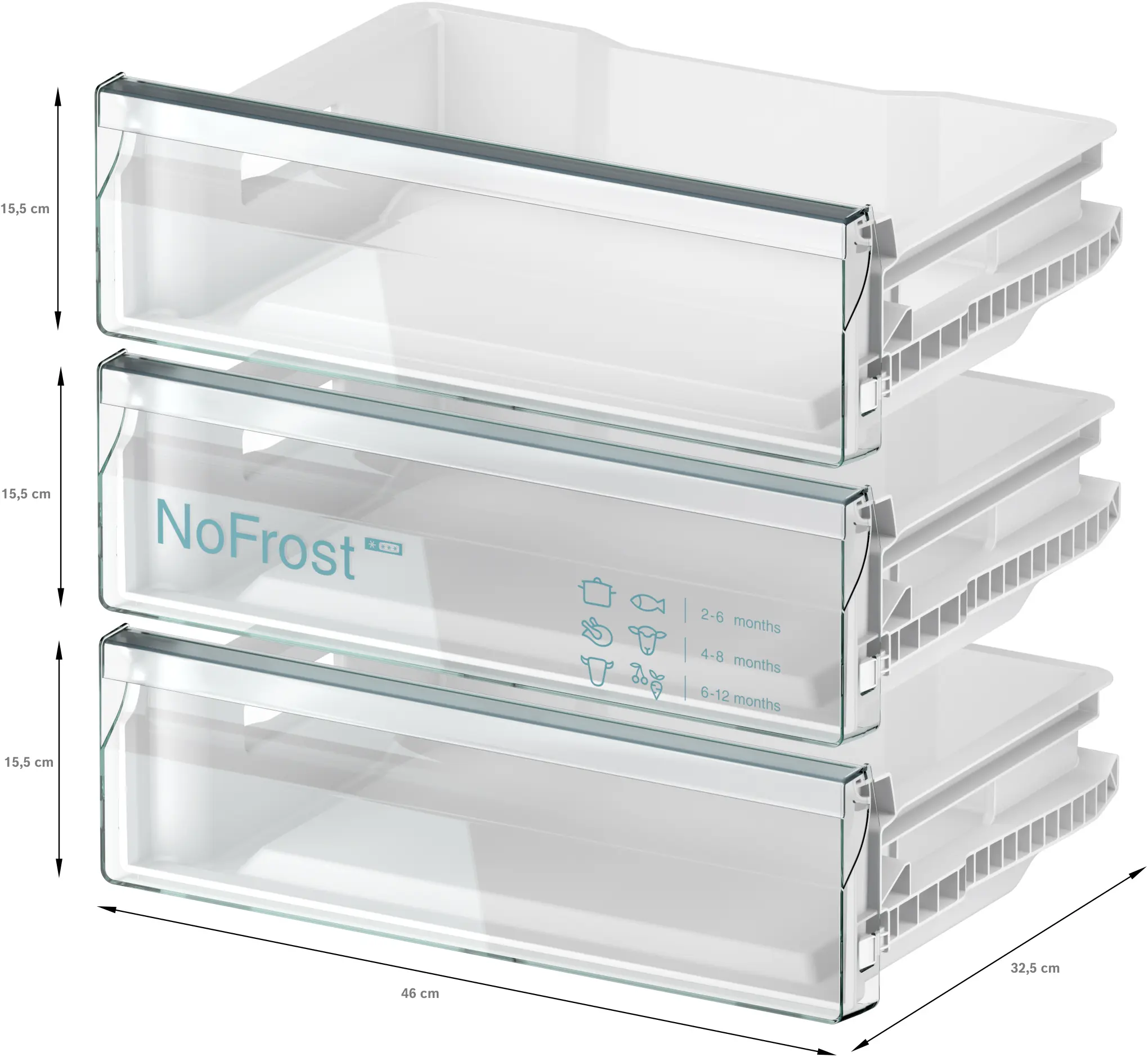 Tres cajones de congelador NoFrost transparentes con medidas de 15,5 cm de alto, 46 cm de ancho y 32,5 cm de fondo.