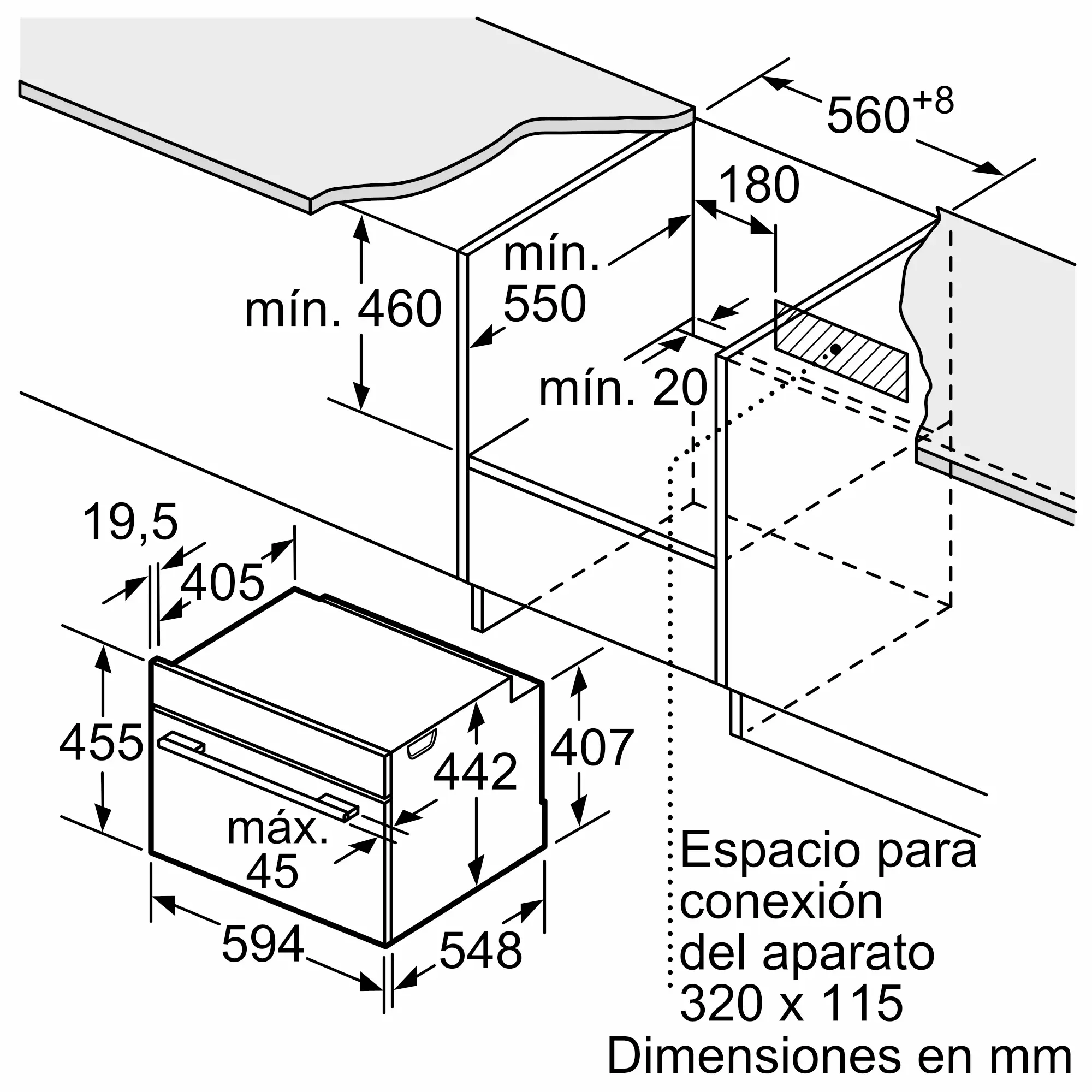Diagrama técnico que muestra las dimensiones de instalación de un aparato en milímetros.