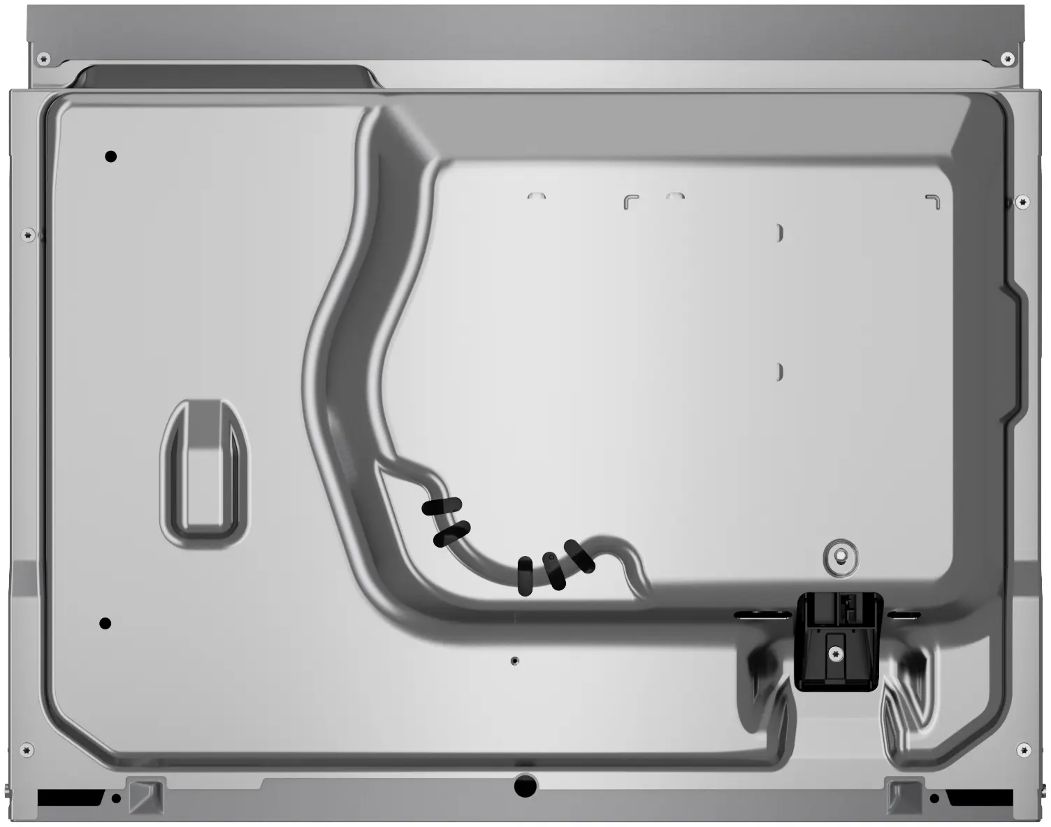 Panel trasero de un horno plateado con carcasa metálica, tornillos y bridas negras.