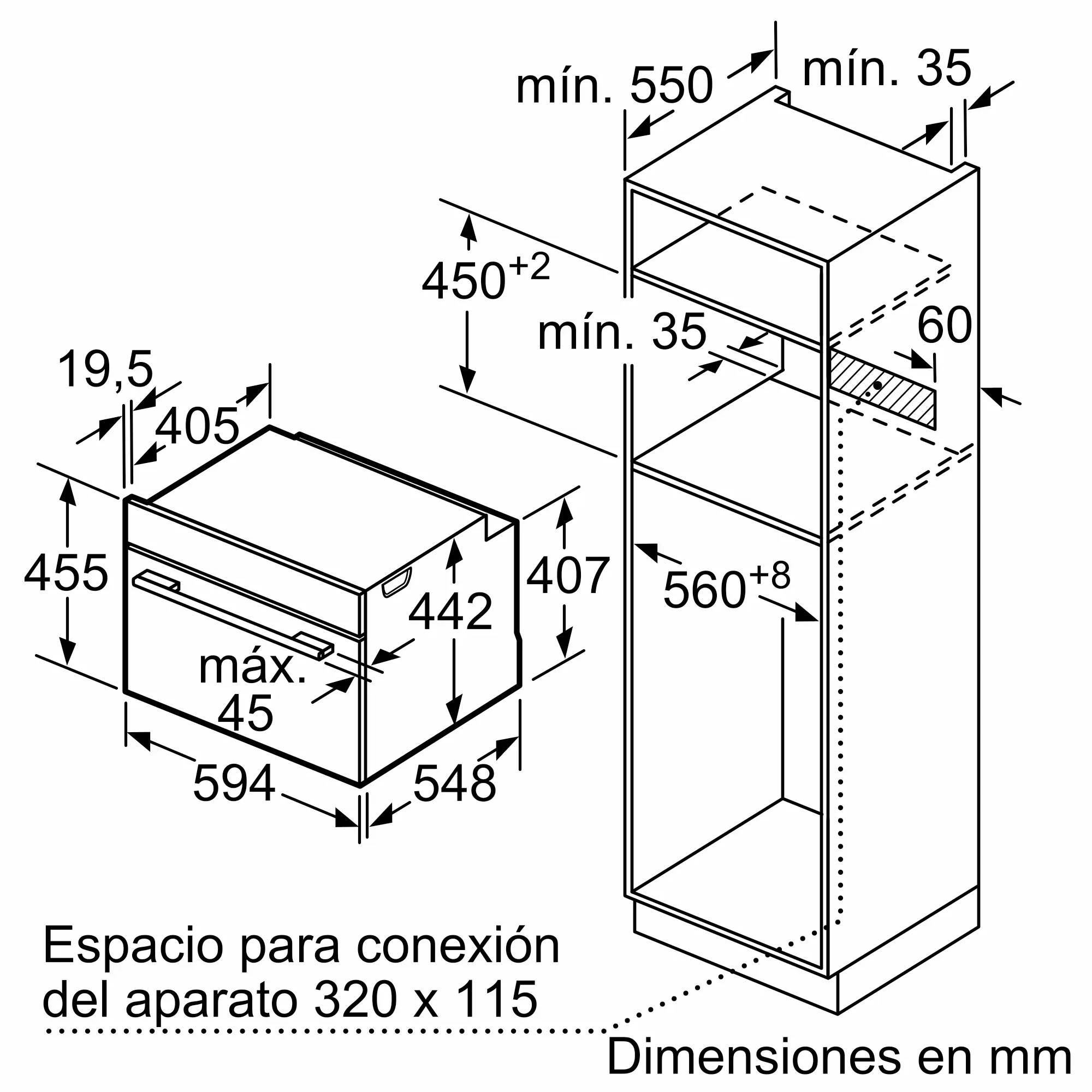 Dibujo técnico con las dimensiones de instalación de un horno y un armario alto en milímetros.