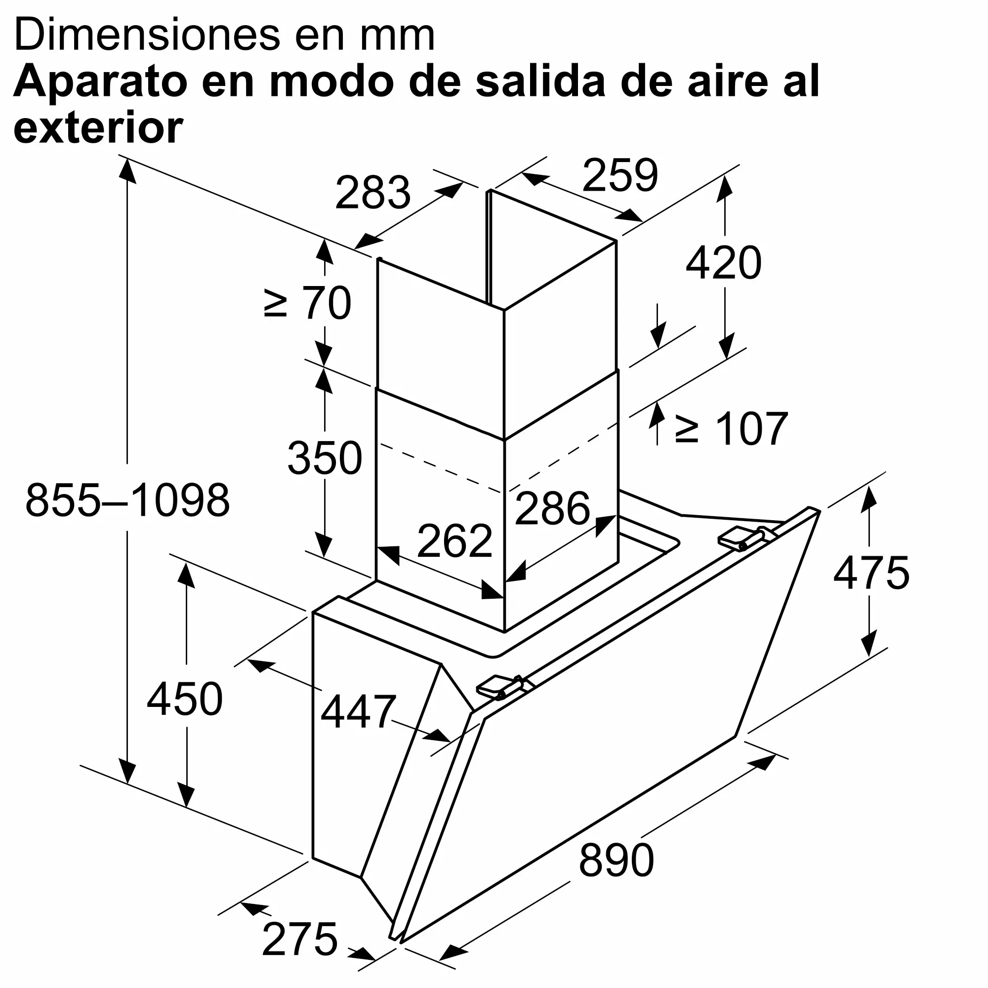 Plano técnico de una campana extractora con dimensiones en milímetros en modo de salida de aire.