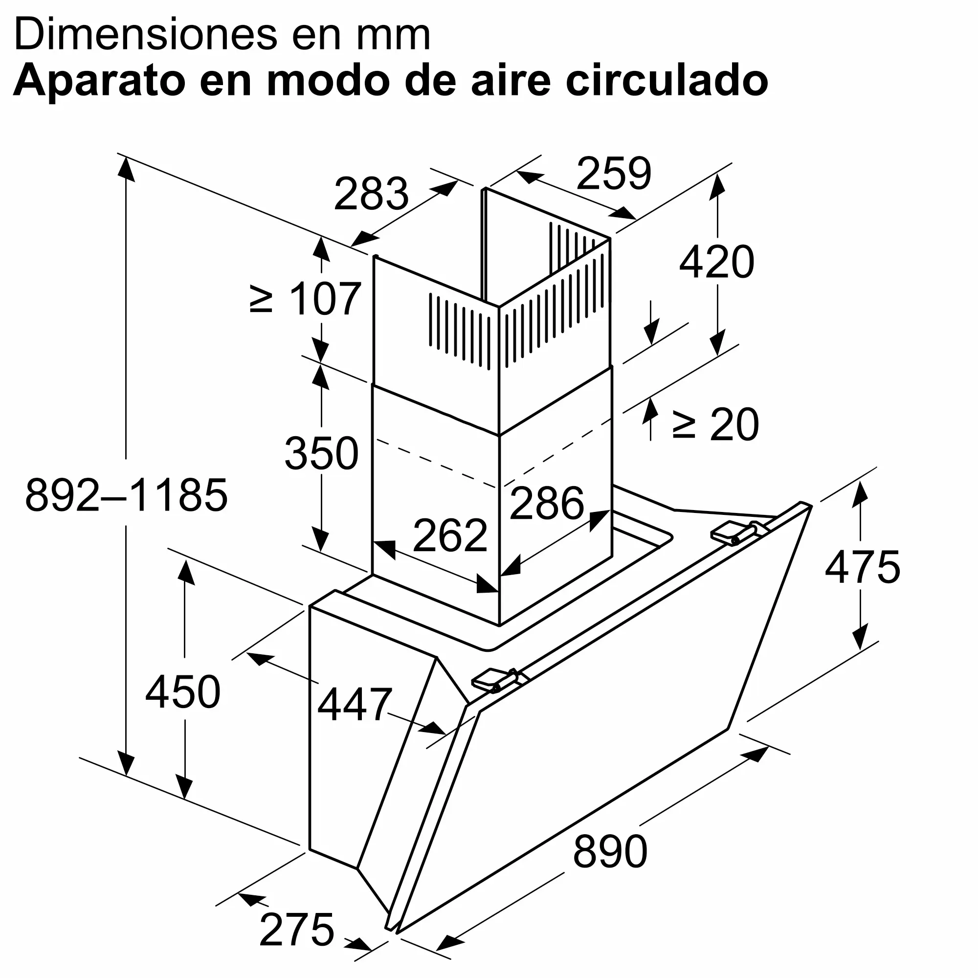 Dibujo técnico de una campana extractora con dimensiones en milímetros para el modo de aire circulado.