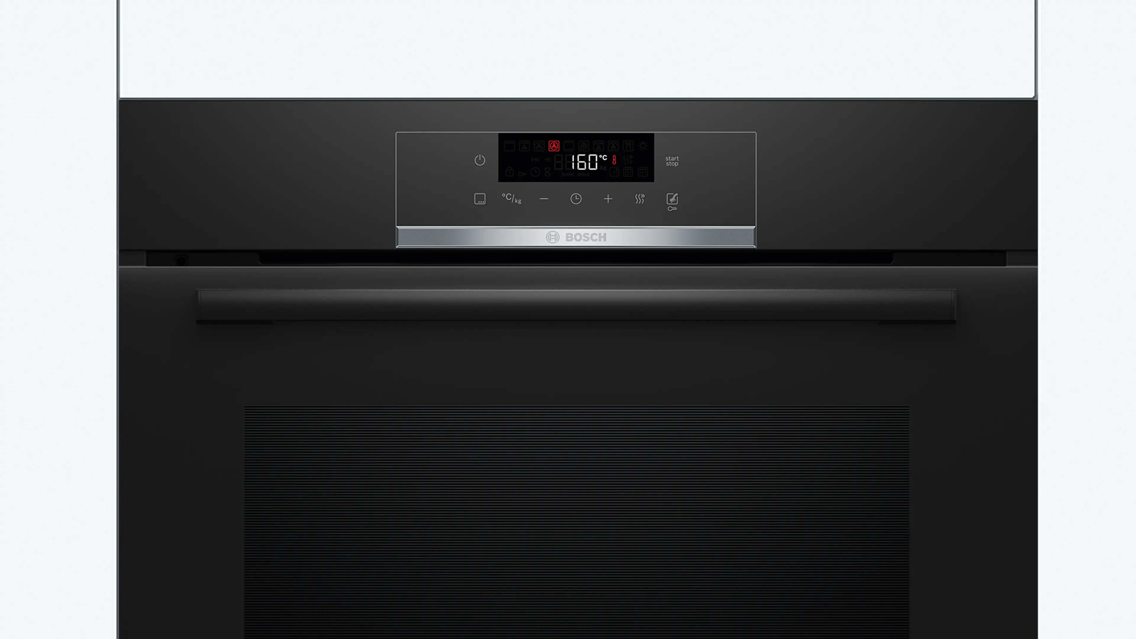 Un horno negro Bosch con pantalla digital y panel táctil.