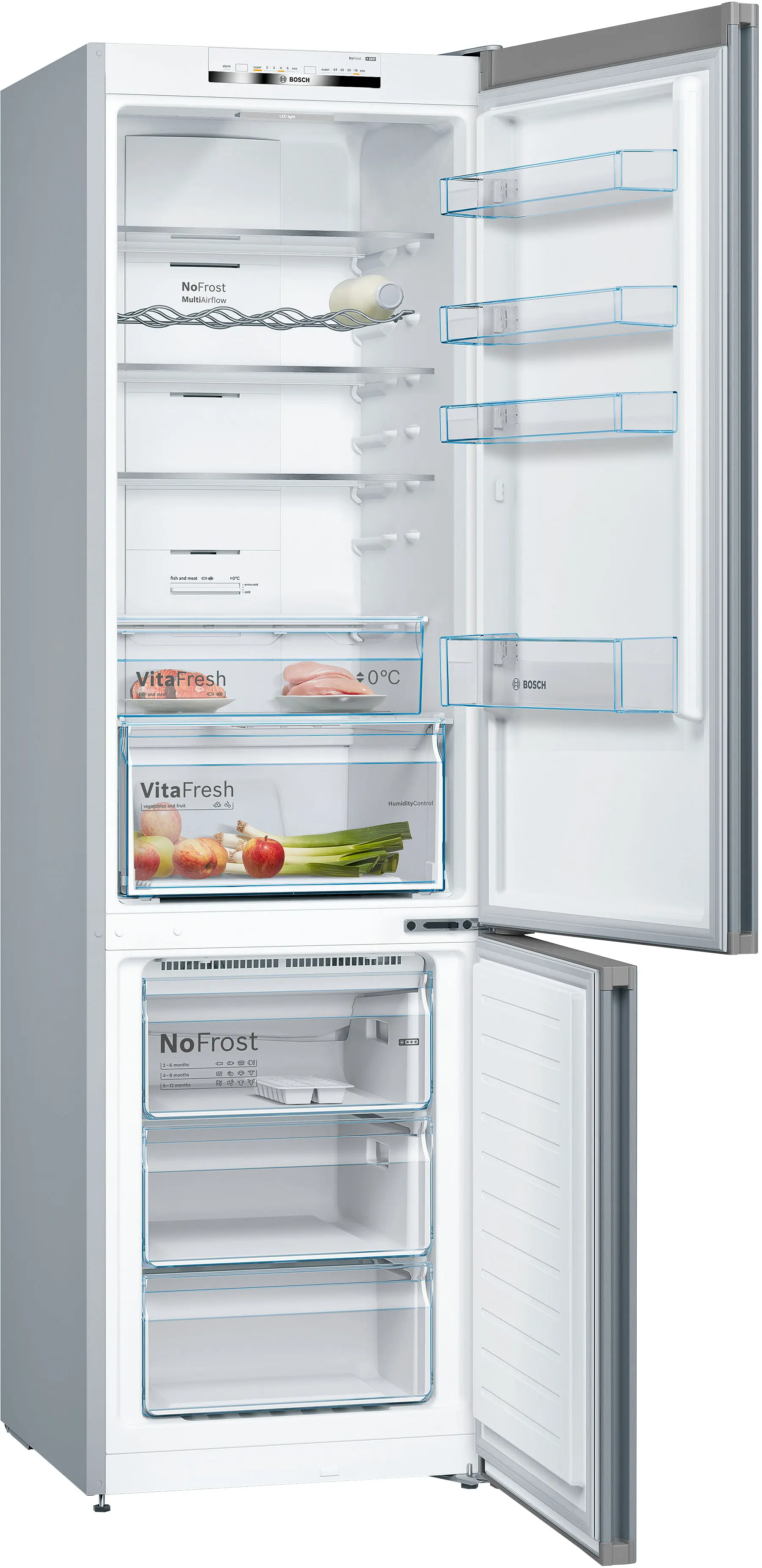 Un refrigerador blanco Bosch con puertas abiertas, lleno de verduras y carne en los compartimentos.