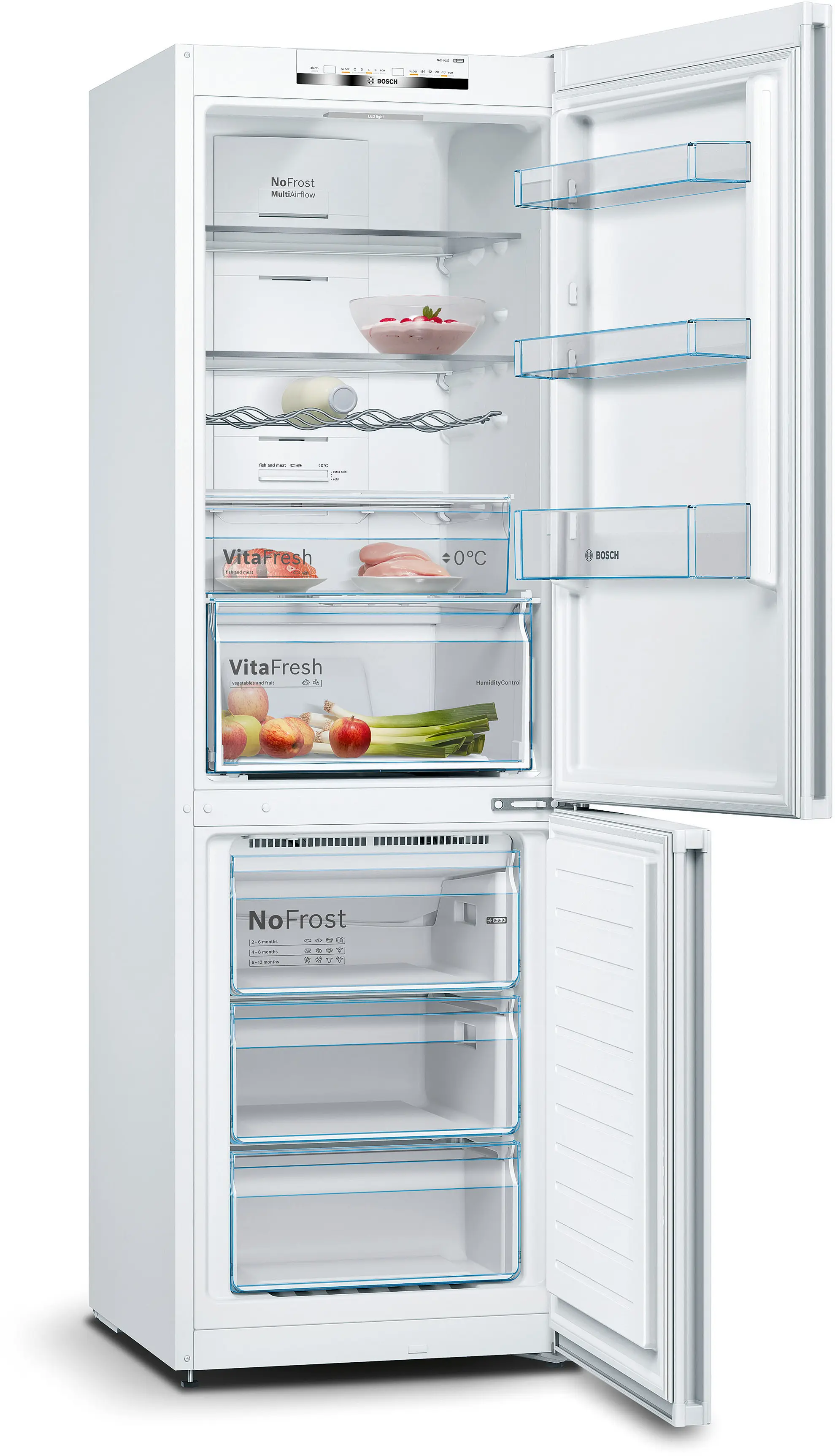Refrigerador Bosch blanco con puertas abiertas y compartimentos llenos.