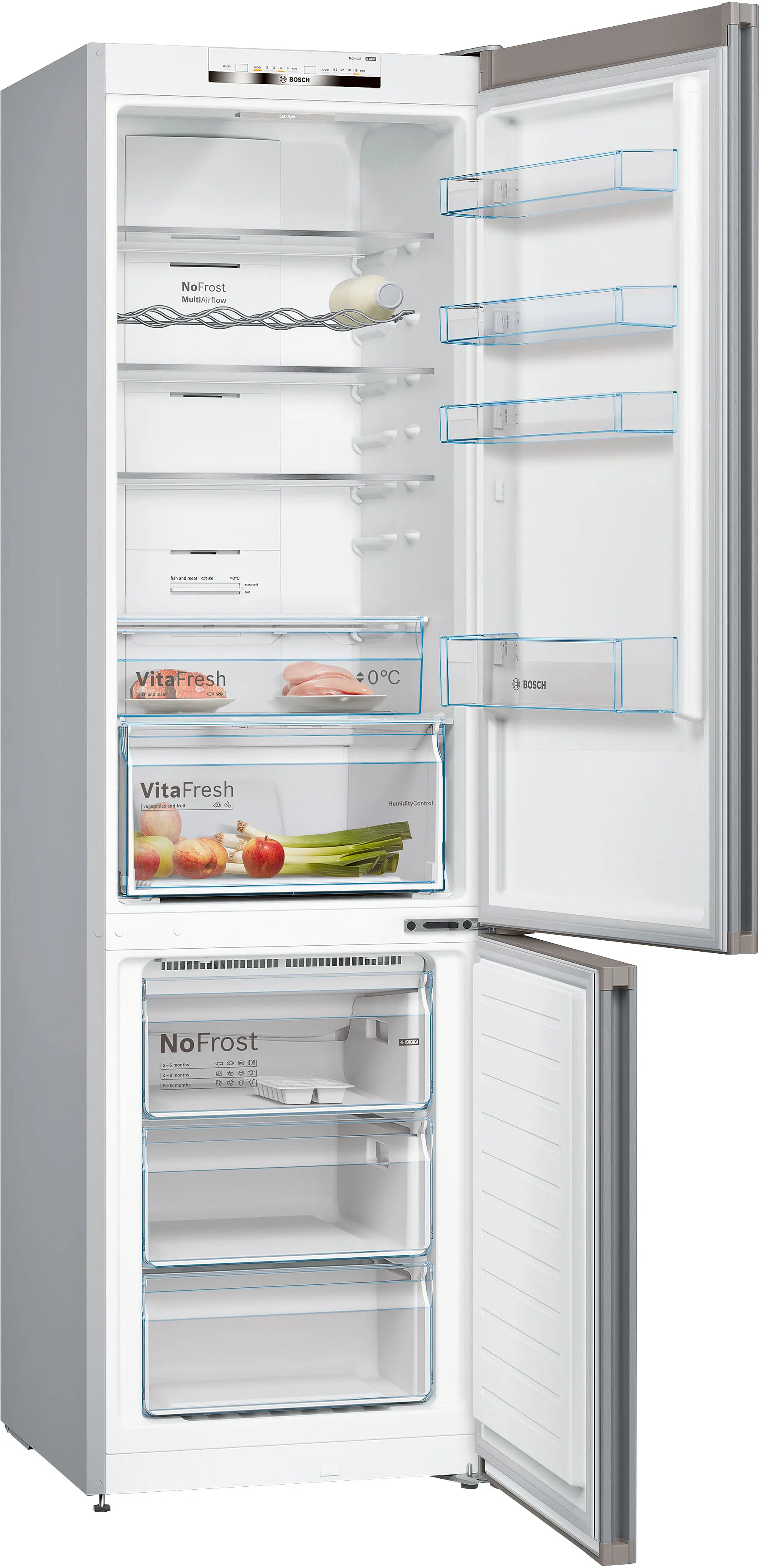Frigorífico blanco Bosch abierto con estantes de cristal, cajón de verduras y congelador inferior.
