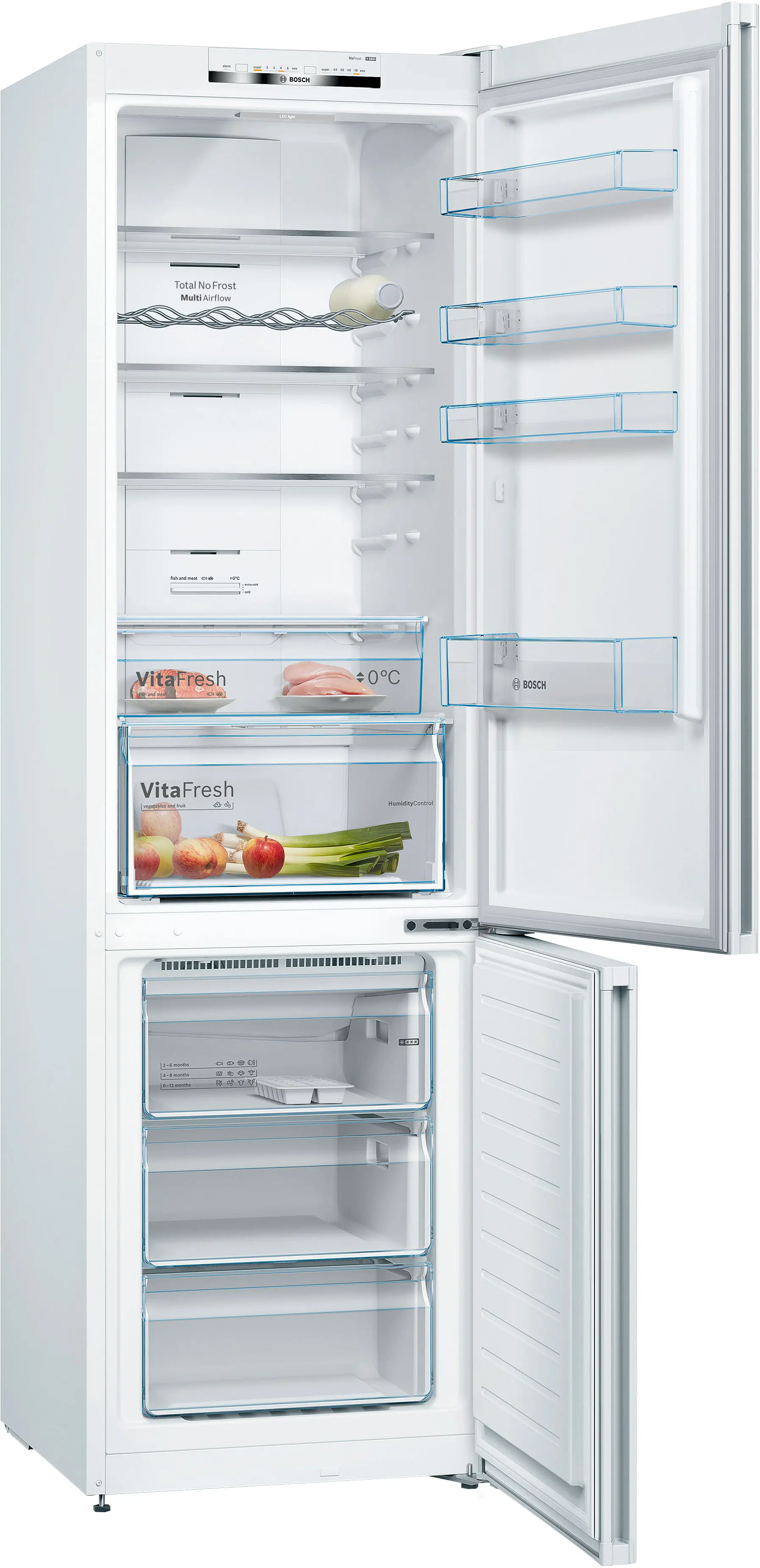 Frigorífico Bosch blanco abierto con estantes de vidrio llenos y cajones para verduras.