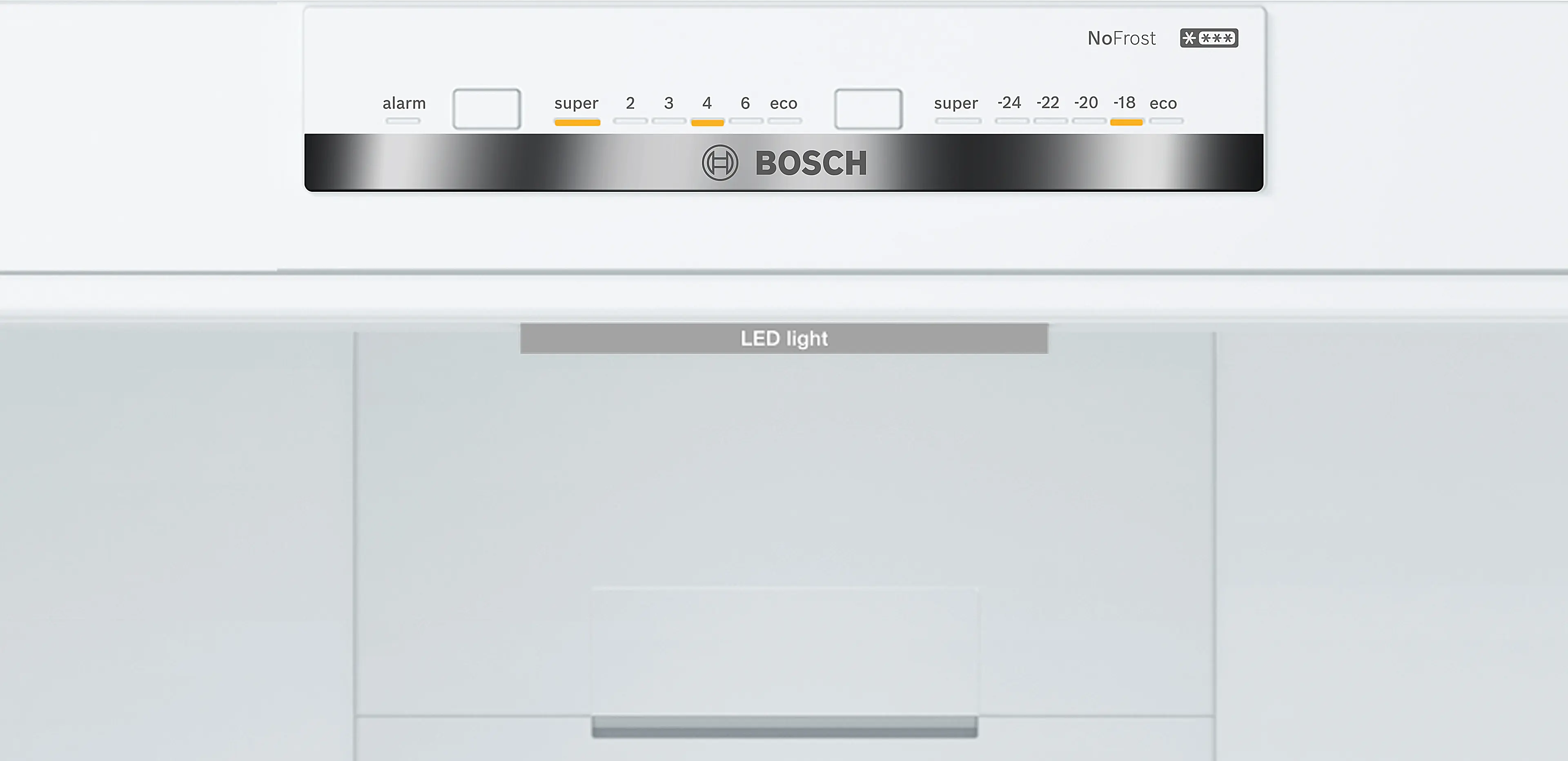 Panel de control de un congelador blanco Bosch con NoFrost e iluminación LED.