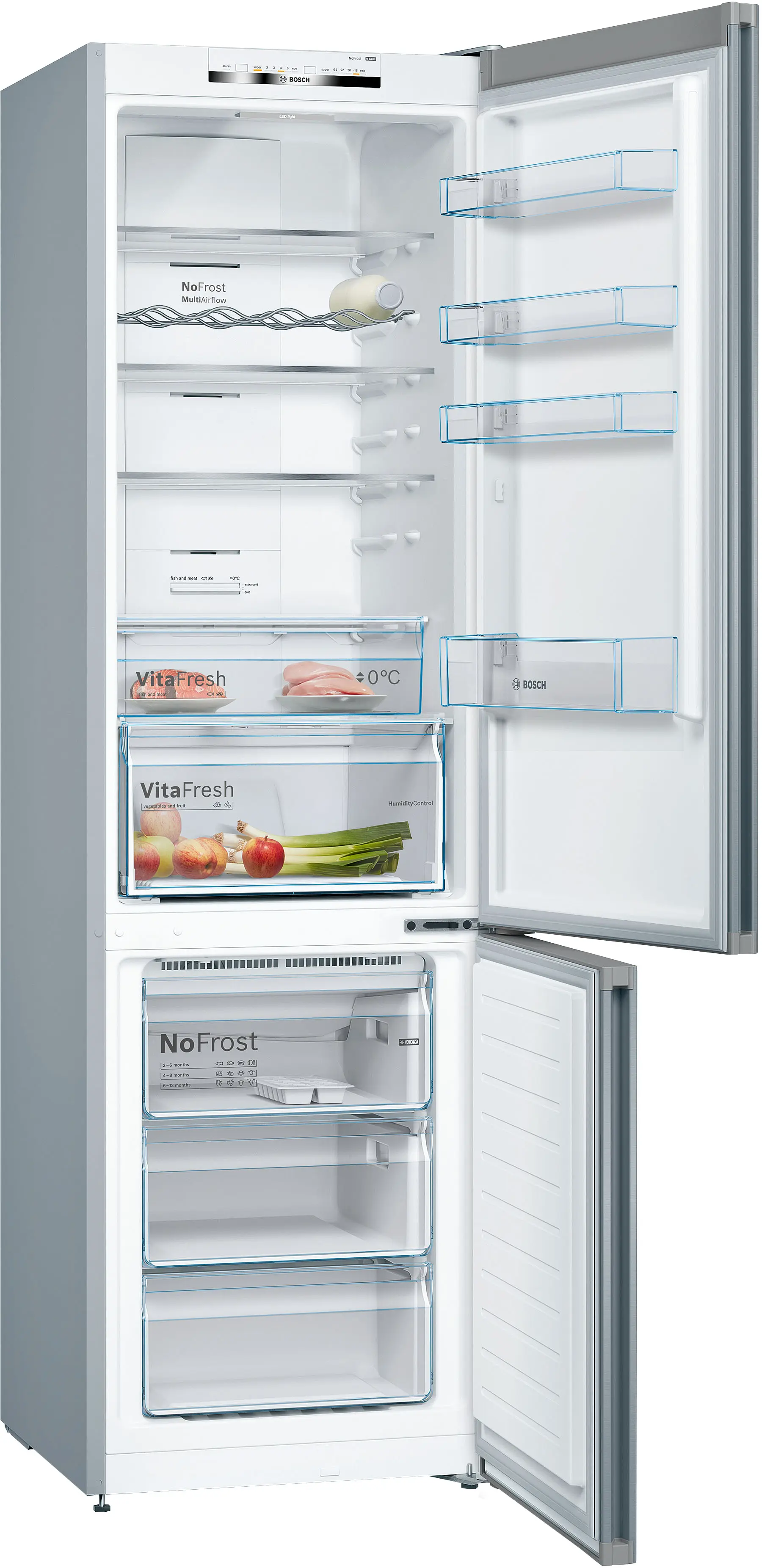 Refrigerador Bosch plateado abierto con estantes, cajón de verduras y congelador.
