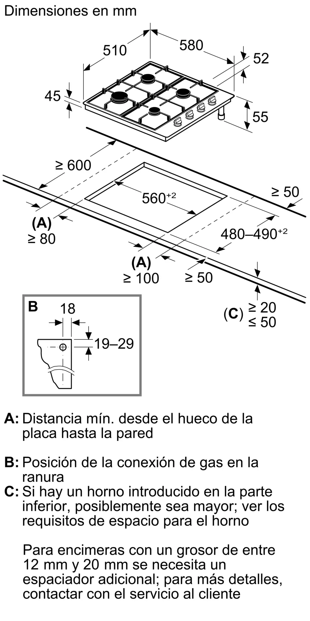 Dibujo técnico con dimensiones de instalación en mm para una placa de gas de cuatro quemadores.