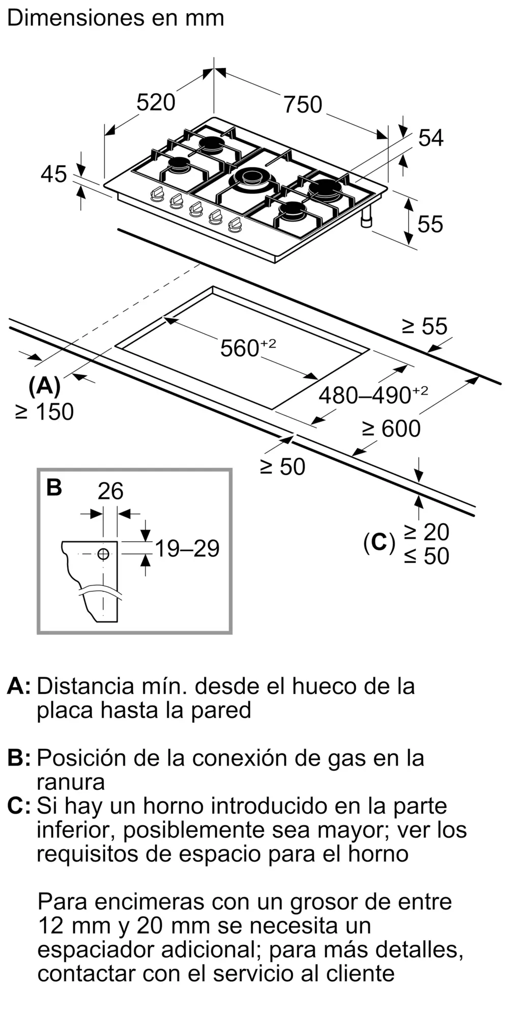 Esquema técnico que muestra dimensiones y medidas de instalación para una placa de gas en milímetros.