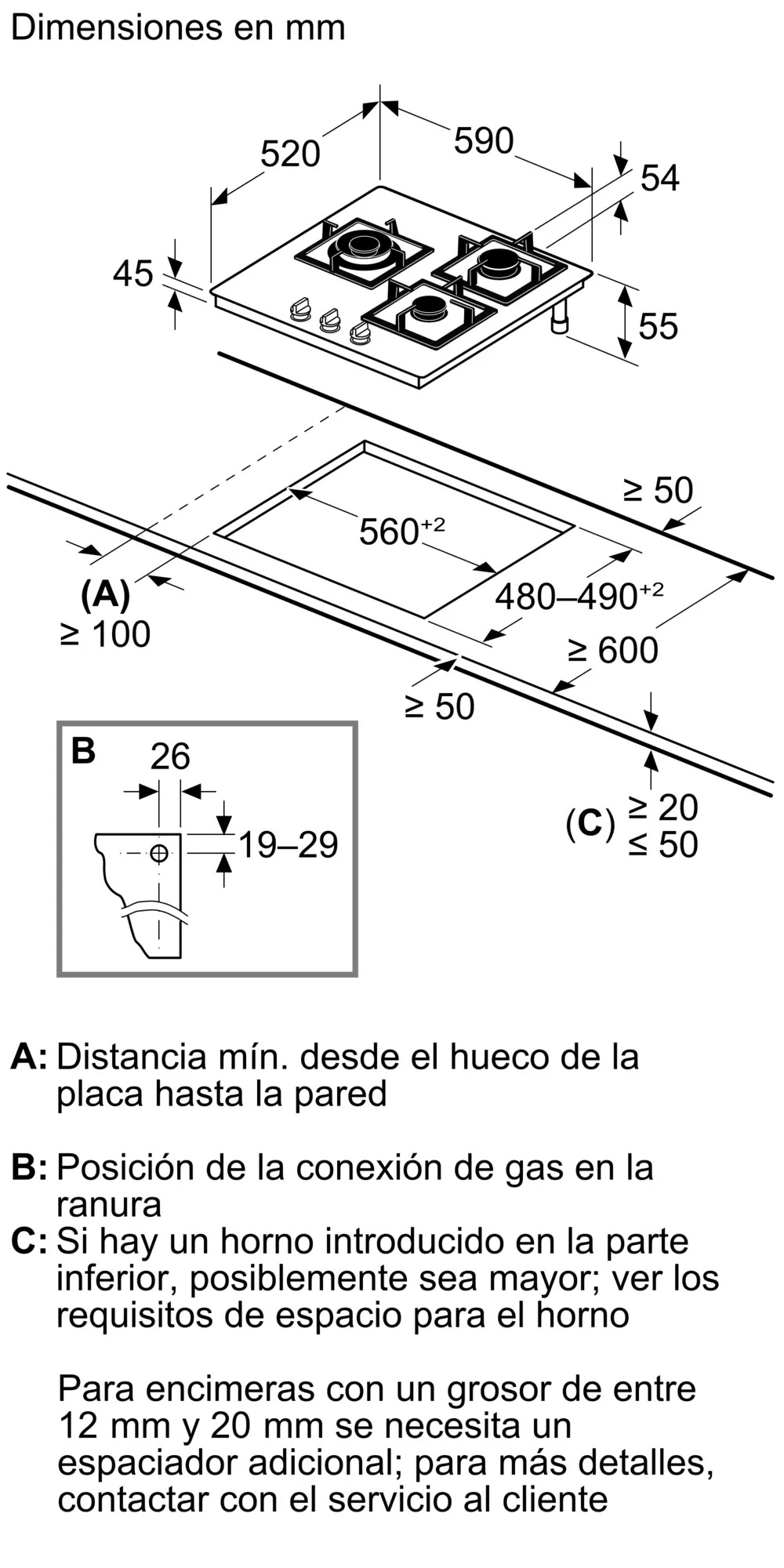 Dibujo técnico de las dimensiones de instalación de una placa de gas con medidas en milímetros.