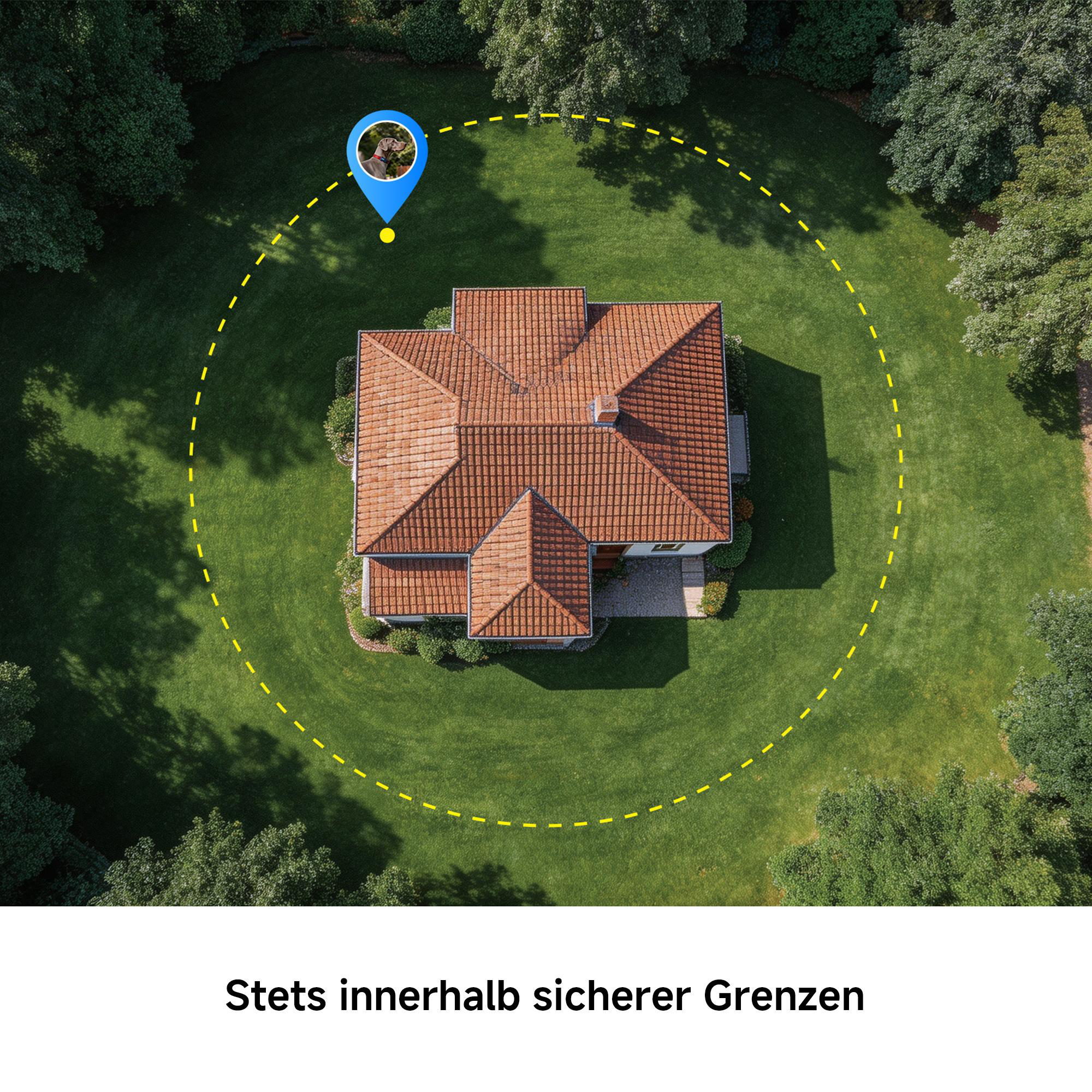 Luftaufnahme eines Hauses im Grünen mit einer gelben gestrichelten Linie und einem Hunde-Symbol.