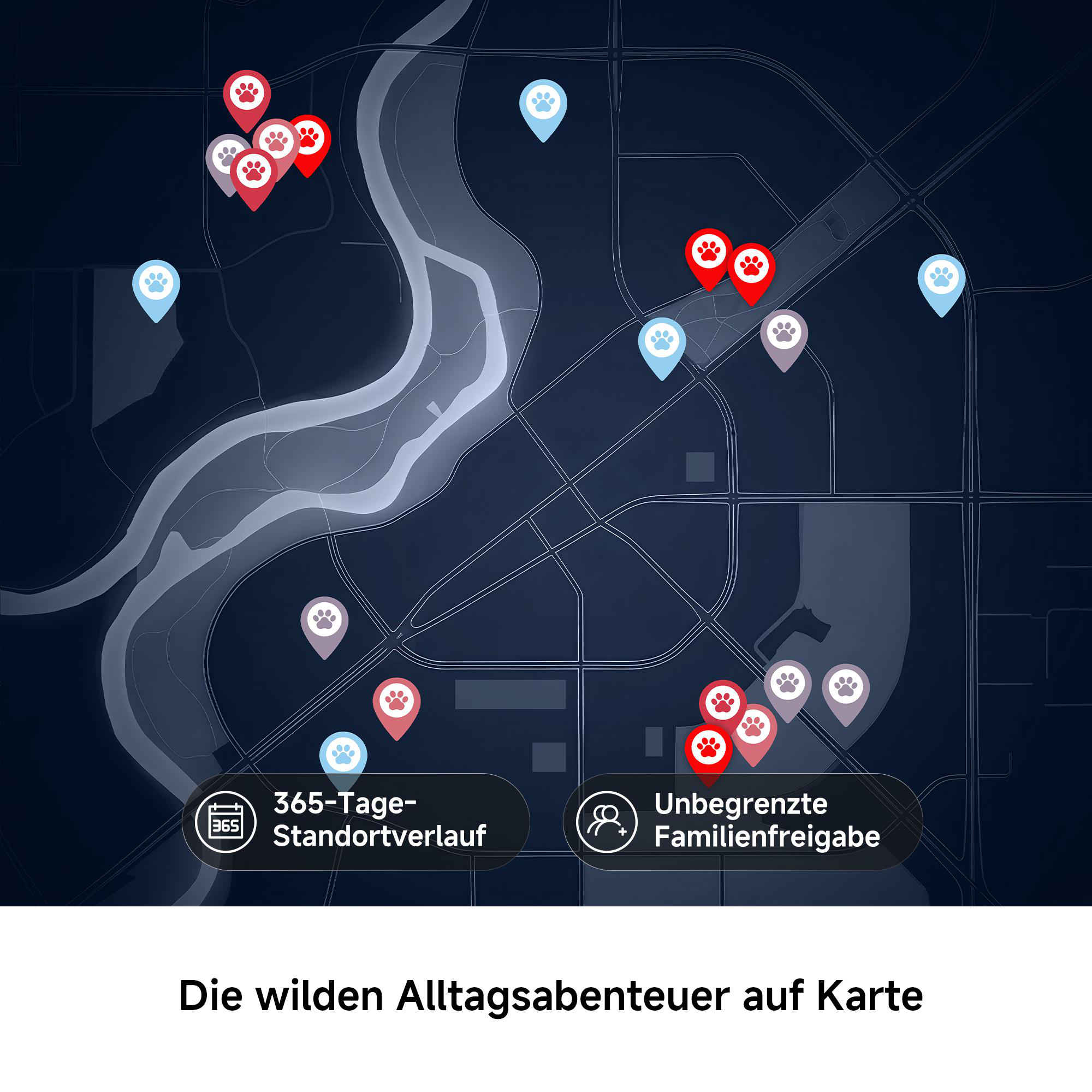 Dunkle Straßenkarte mit Fluss und bunten Pfoten-Standortmarkern sowie Text unten.