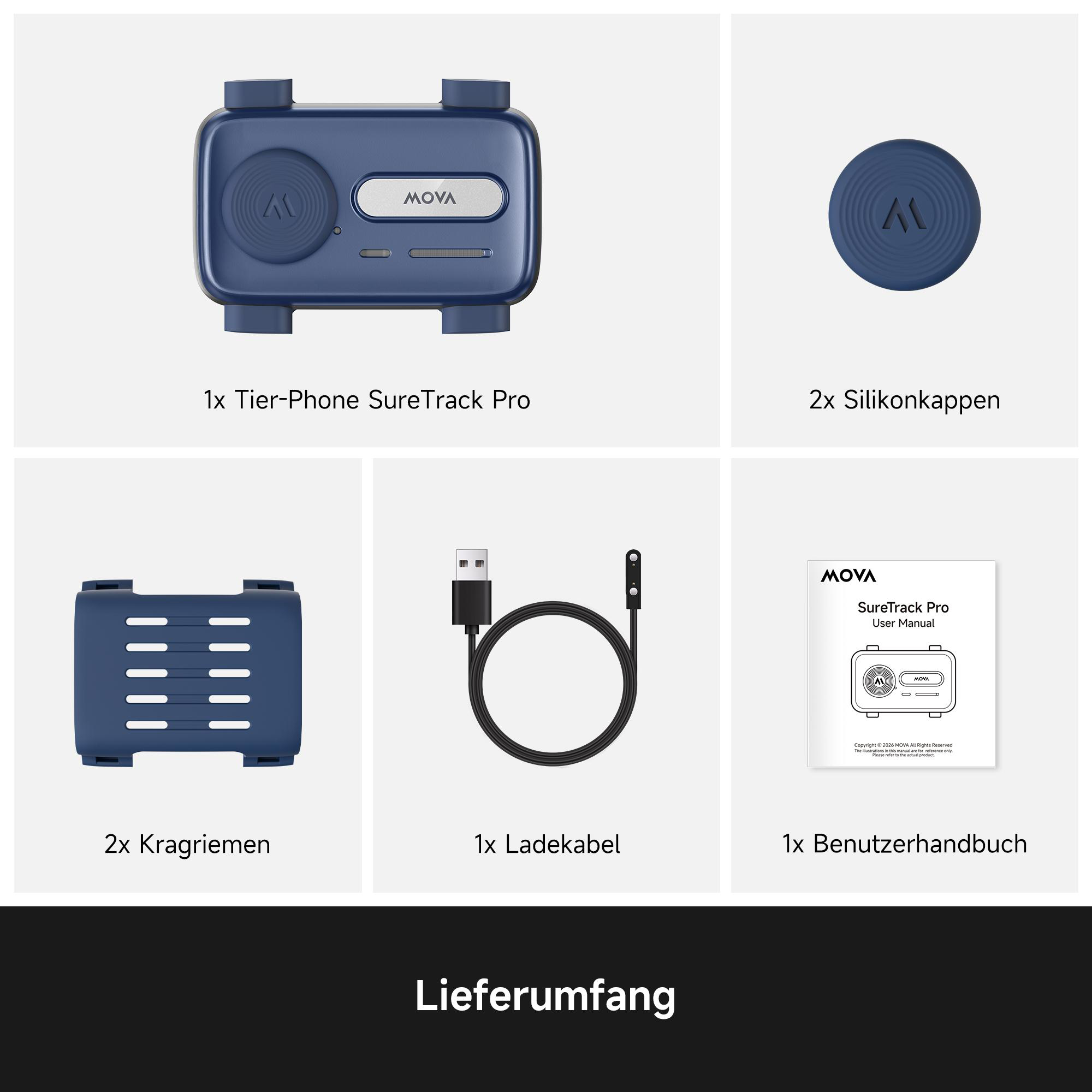 Lieferumfang mit blauem Tracker, Silikonkappen, Kragriemen, Ladekabel und Benutzerhandbuch.