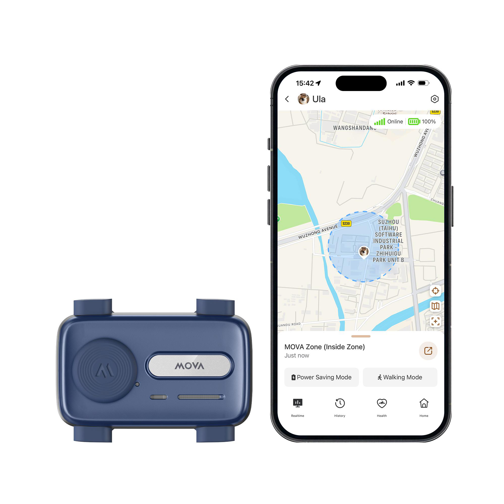 Blaues GPS-Gerät neben einem Smartphone mit offener MOVA-App, die eine digitale Straßenkarte anzeigt.